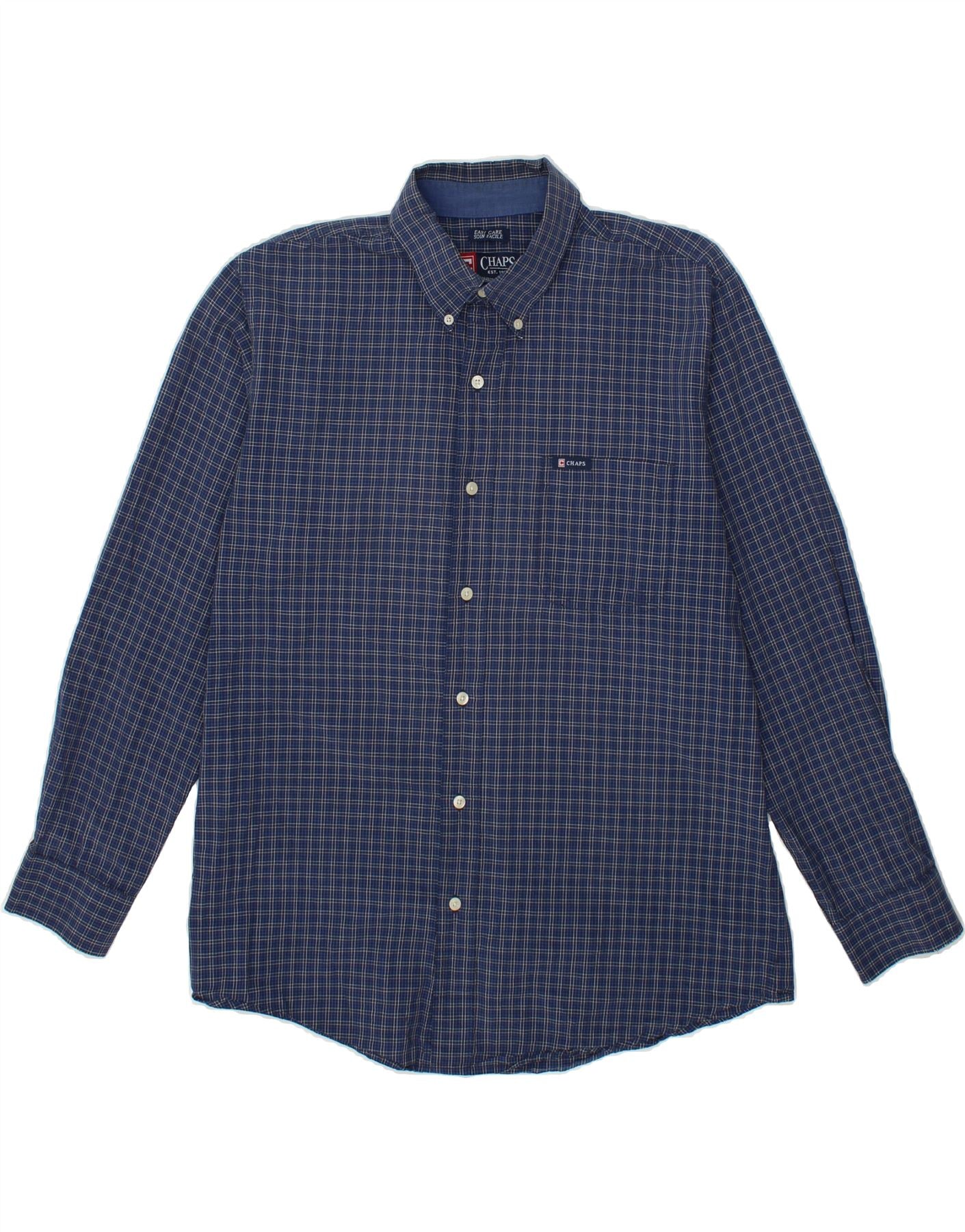 Image of CHAPS Mens Easy Care Shirt Large Navy Blue Check Cotton