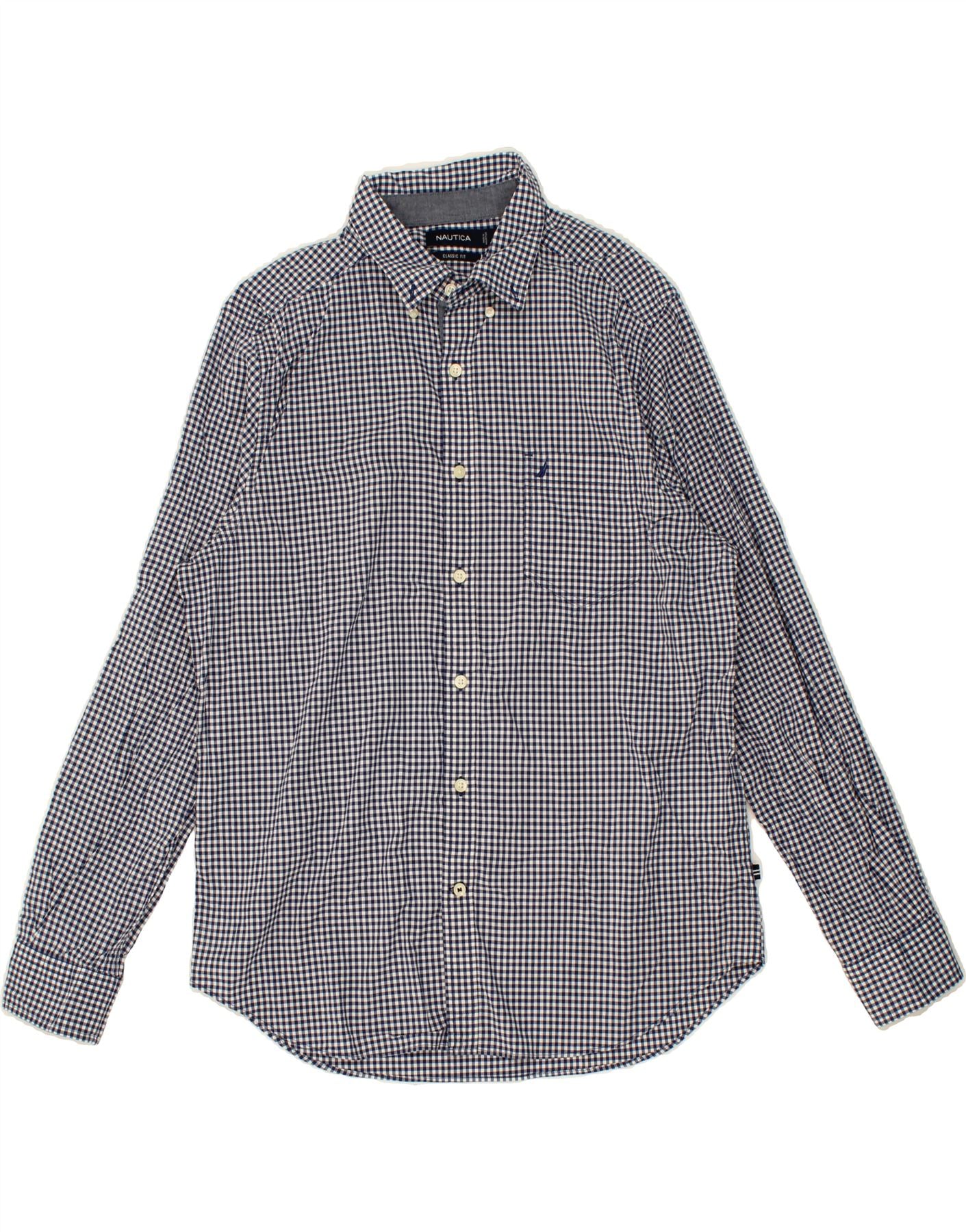 Image of NAUTICA Mens Classic Fit Shirt Large Navy Blue Gingham Cotton