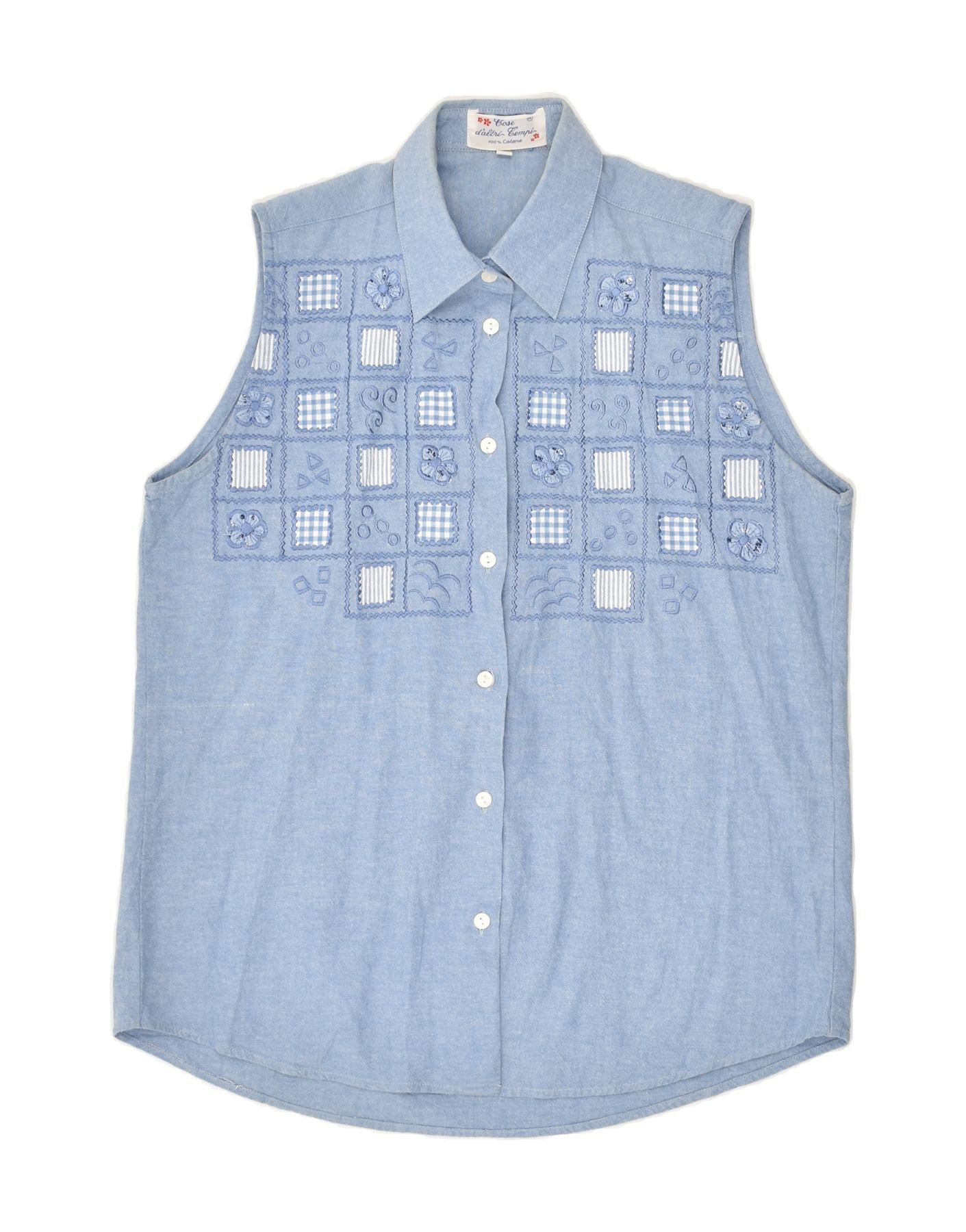 image of VINTAGE Womens Sleeveless Shirt UK 14 Large Blue Patchwork Cotton