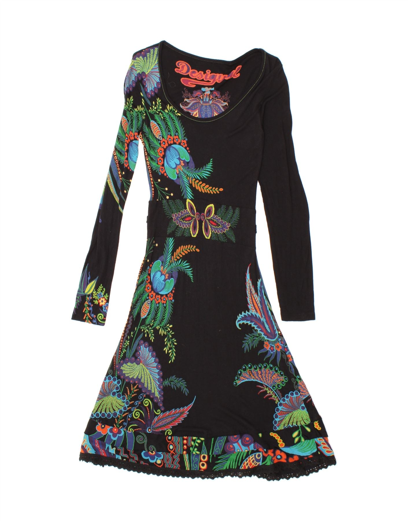 image of DESIGUAL Womens Graphic Long Sleeve A-Line Dress UK 4 XS Black Floral