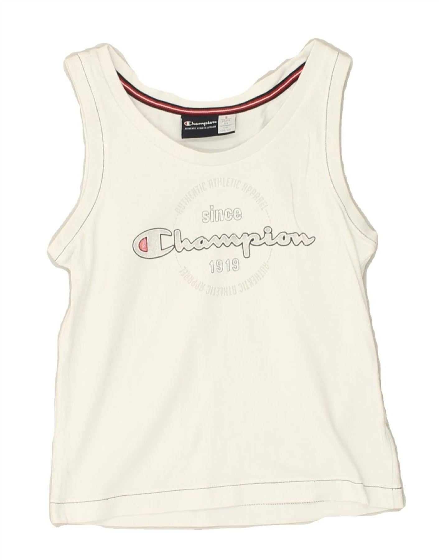 image of CHAMPION Boys Graphic Vest Top 7-8 Years Small White Cotton