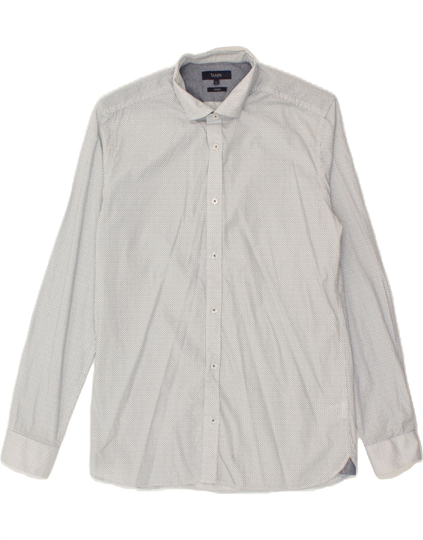 image of JULES Mens Fitted Shirt Large Grey Herringbone Cotton