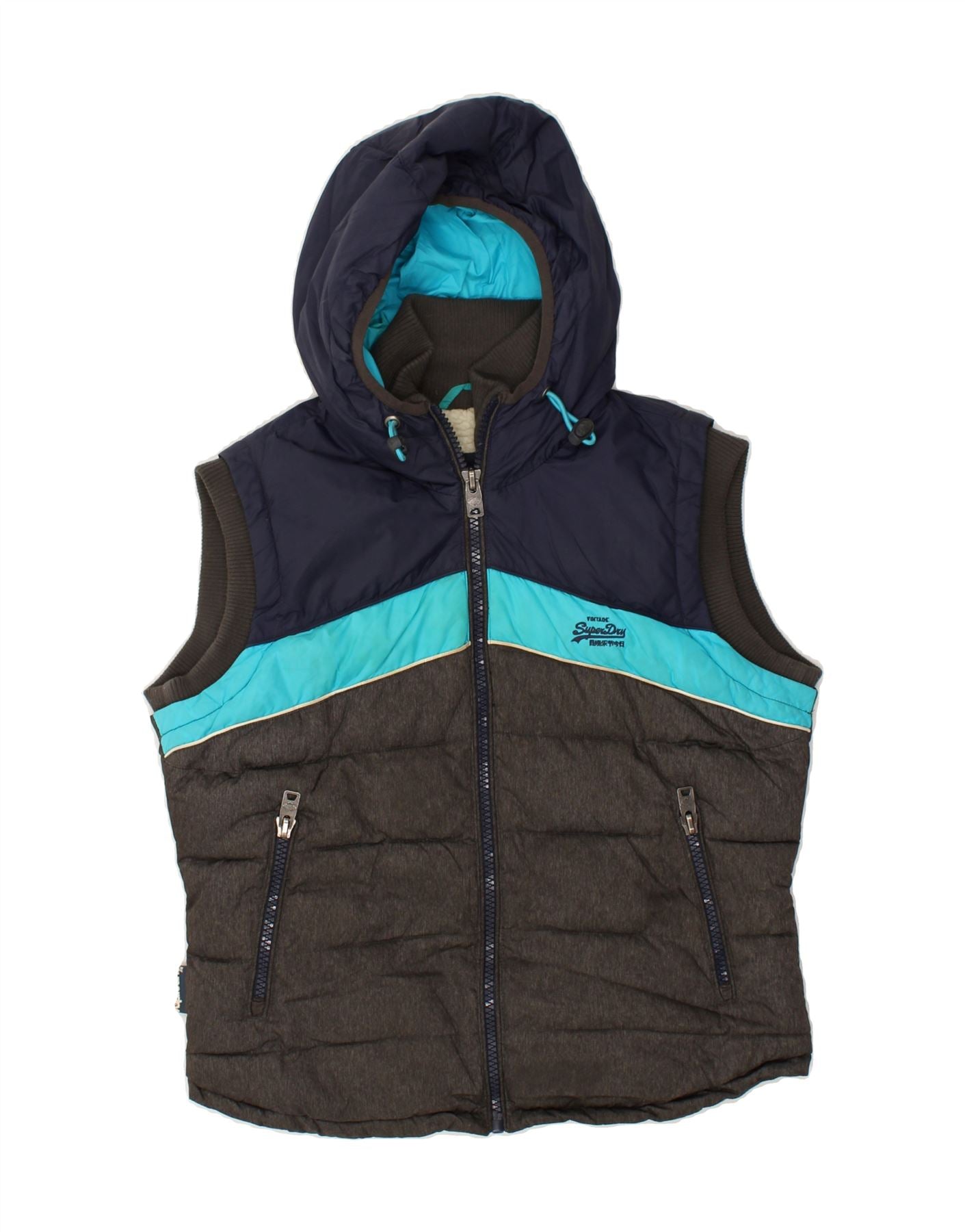 image of SUPERDRY Womens Hooded Padded Gilet UK 14 Medium Grey Colourblock