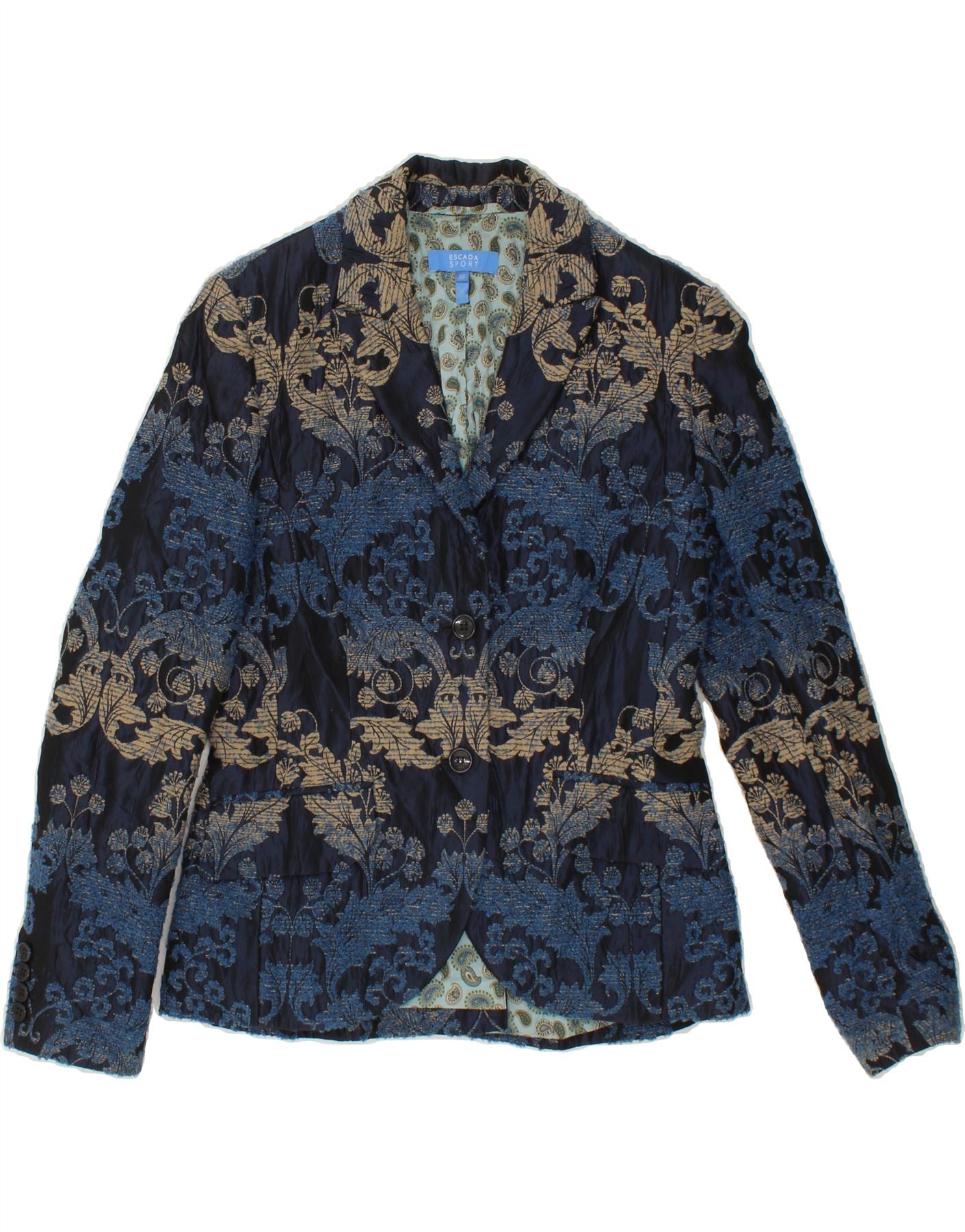 image of ESCADA Womens 2 Button Blazer Jacket EU 36 Small Navy Blue Floral Acrylic