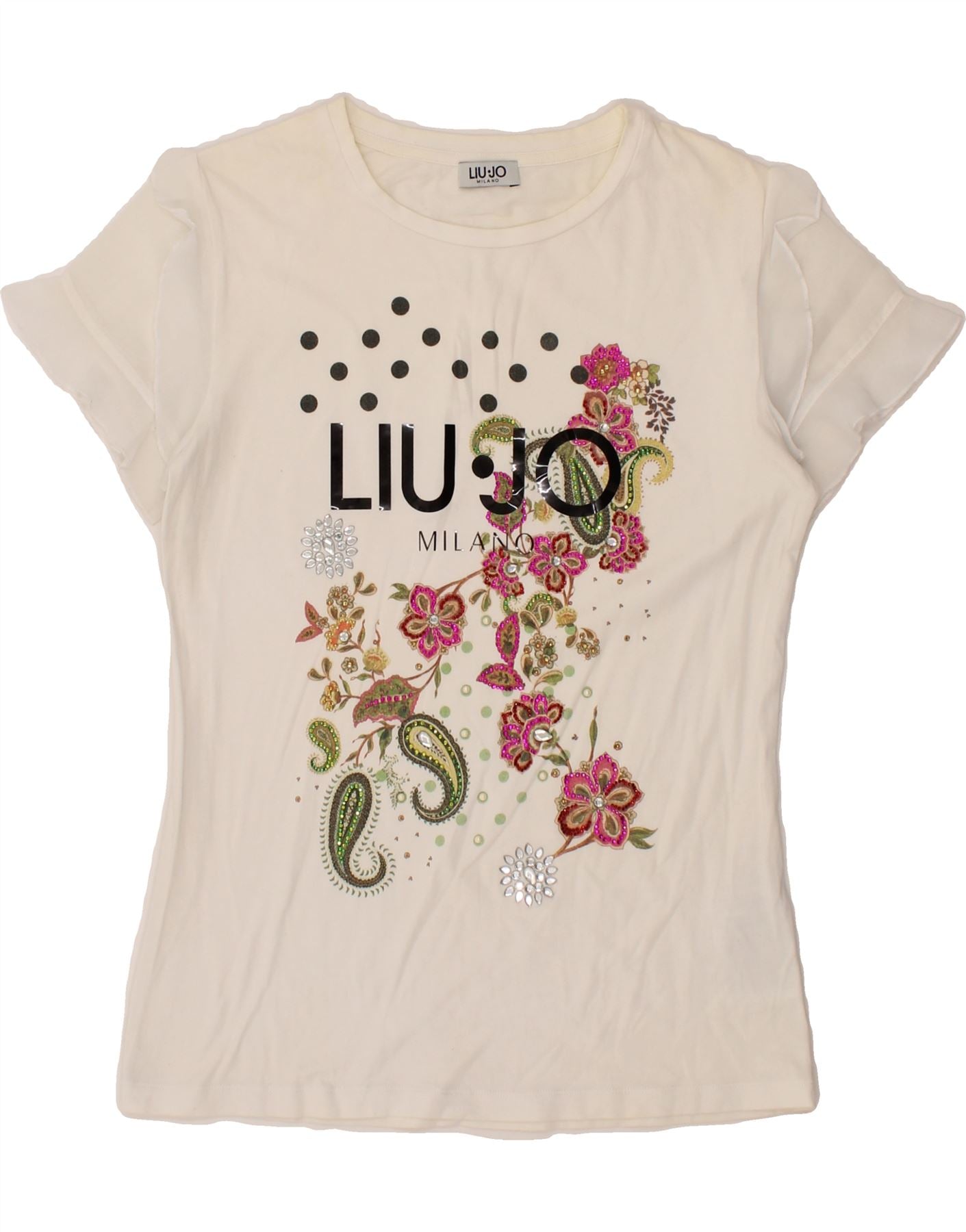 Image of LIU JO Womens Milano Graphic T-Shirt Top UK 6 XS Off White Floral Cotton