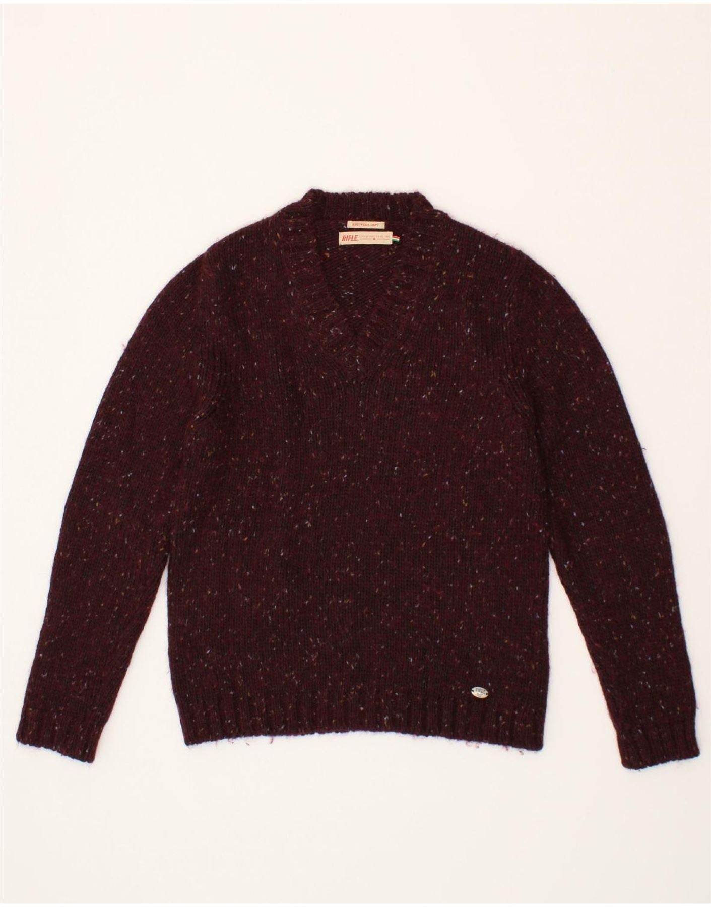 image of RIFLE Womens V-Neck Jumper Sweater UK 14 Medium Burgundy Flecked Acrylic