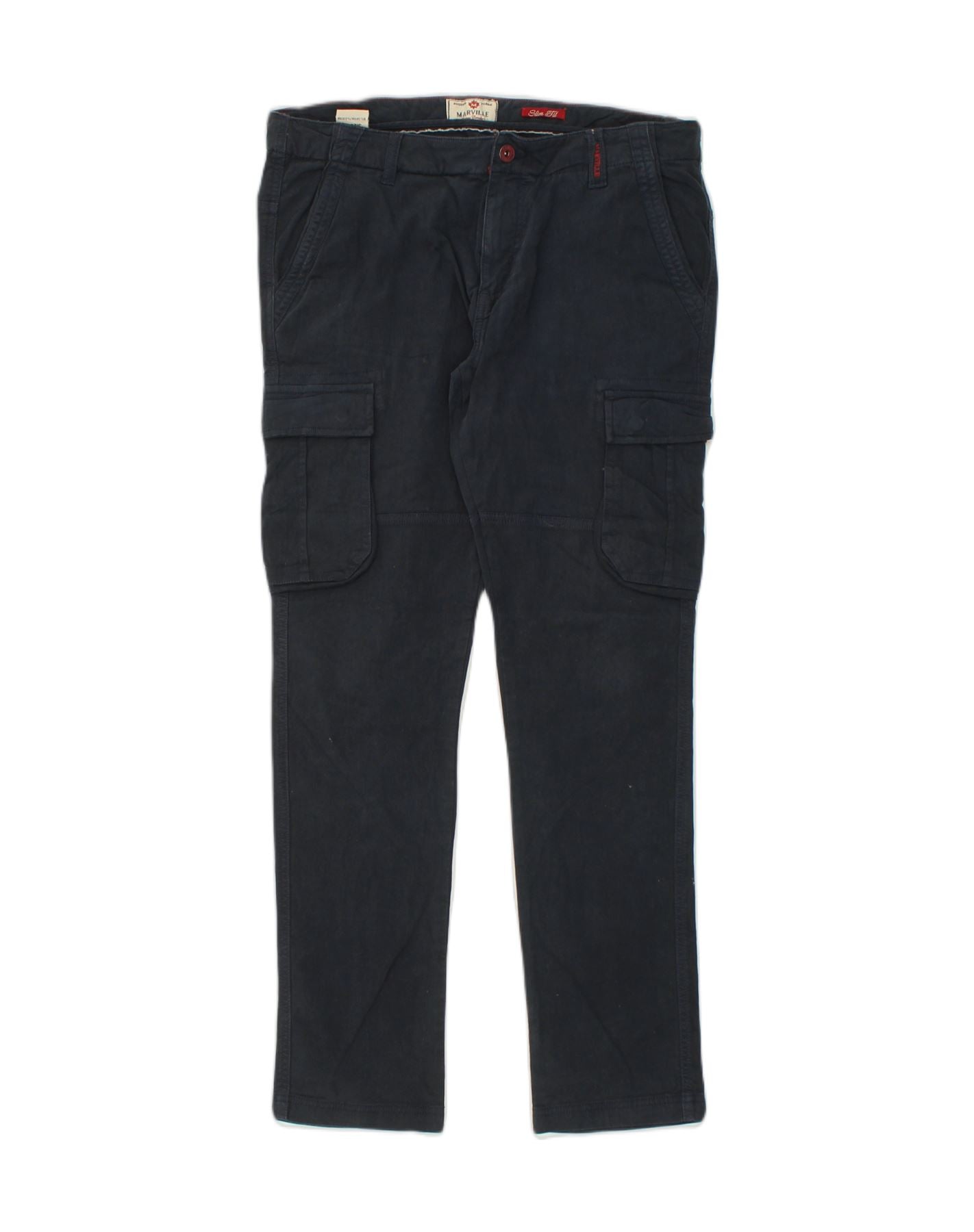 image of MARVILLE Mens Slim Fit Cargo Trousers W34 L32 Black Cotton