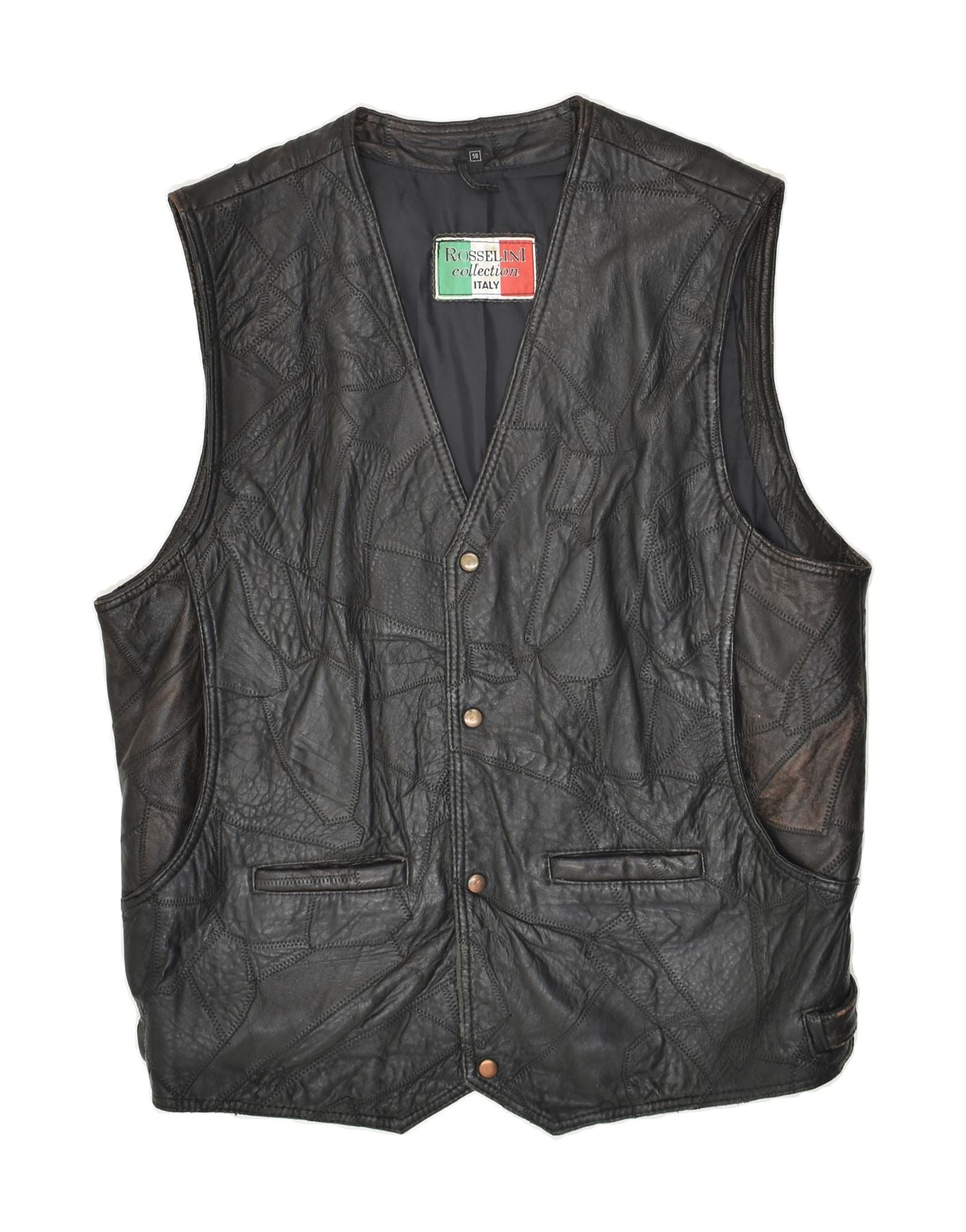 image of VINTAGE Mens Leather Gilet IT 58 4XL Black Leather