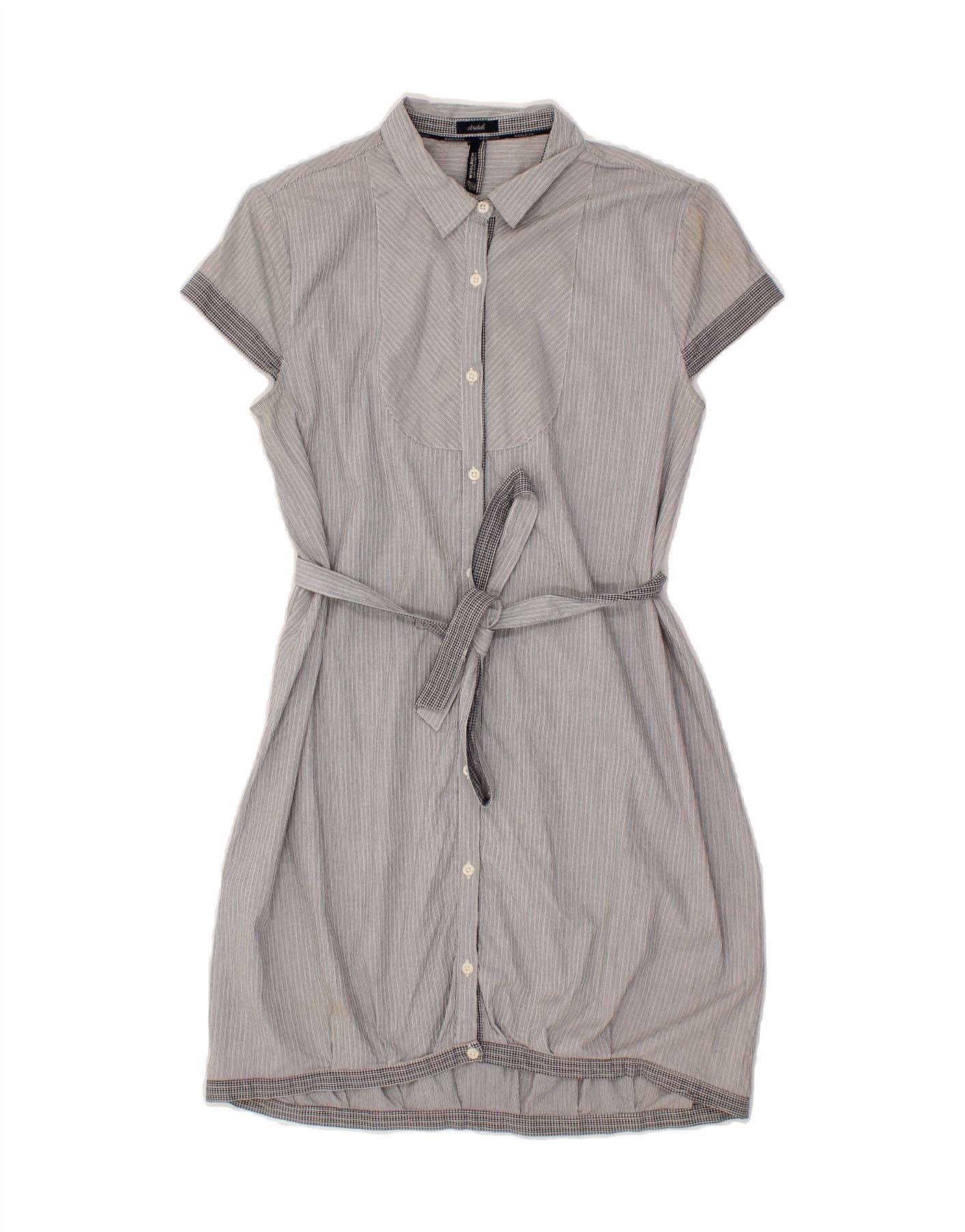 image of WOOLRICH Womens Short Sleeves Shirt Dress UK 12 Medium Grey Striped Cotton