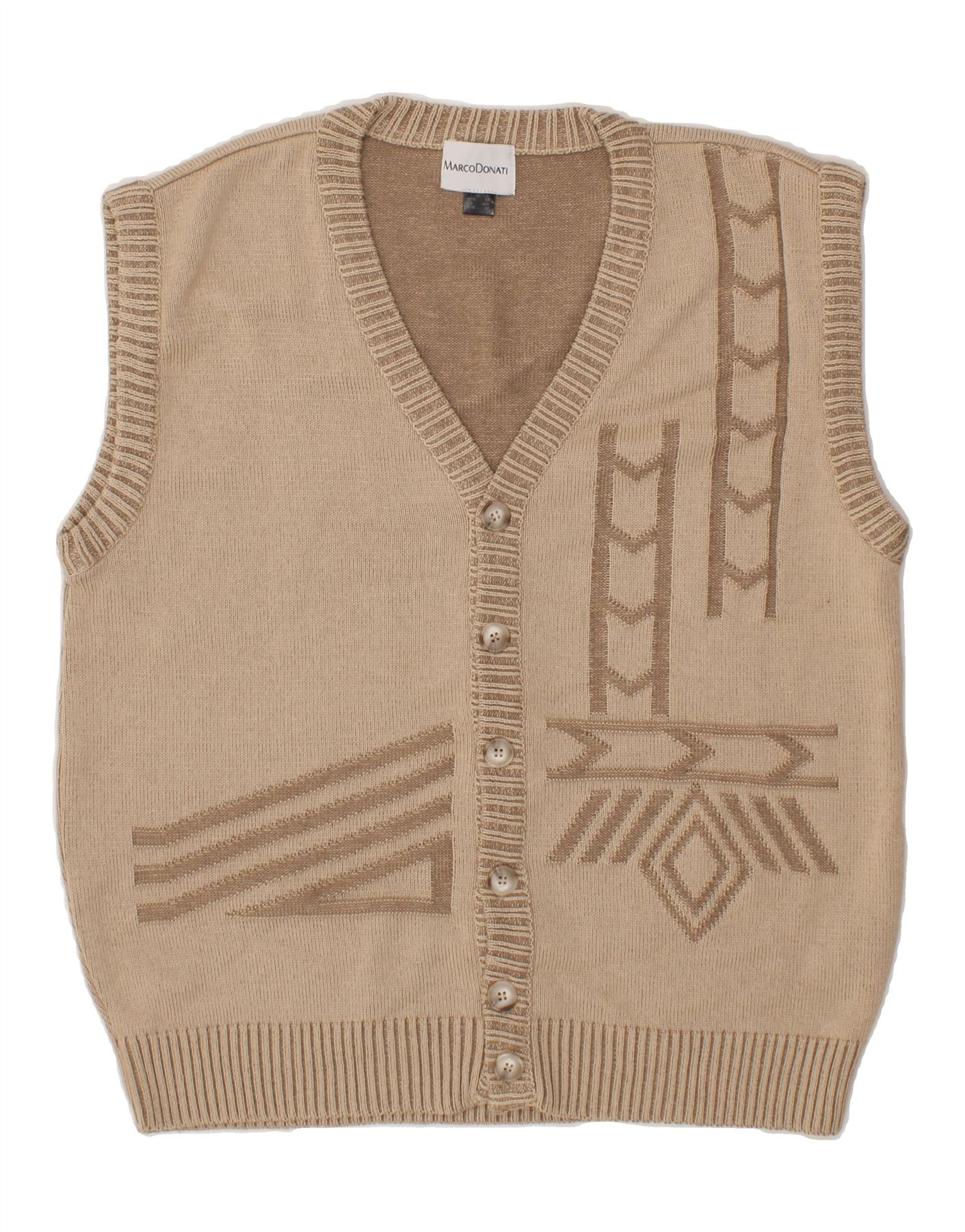 Image of VINTAGE Mens Sleeveless Cardigan Sweater UK 42 Large Beige Geometric