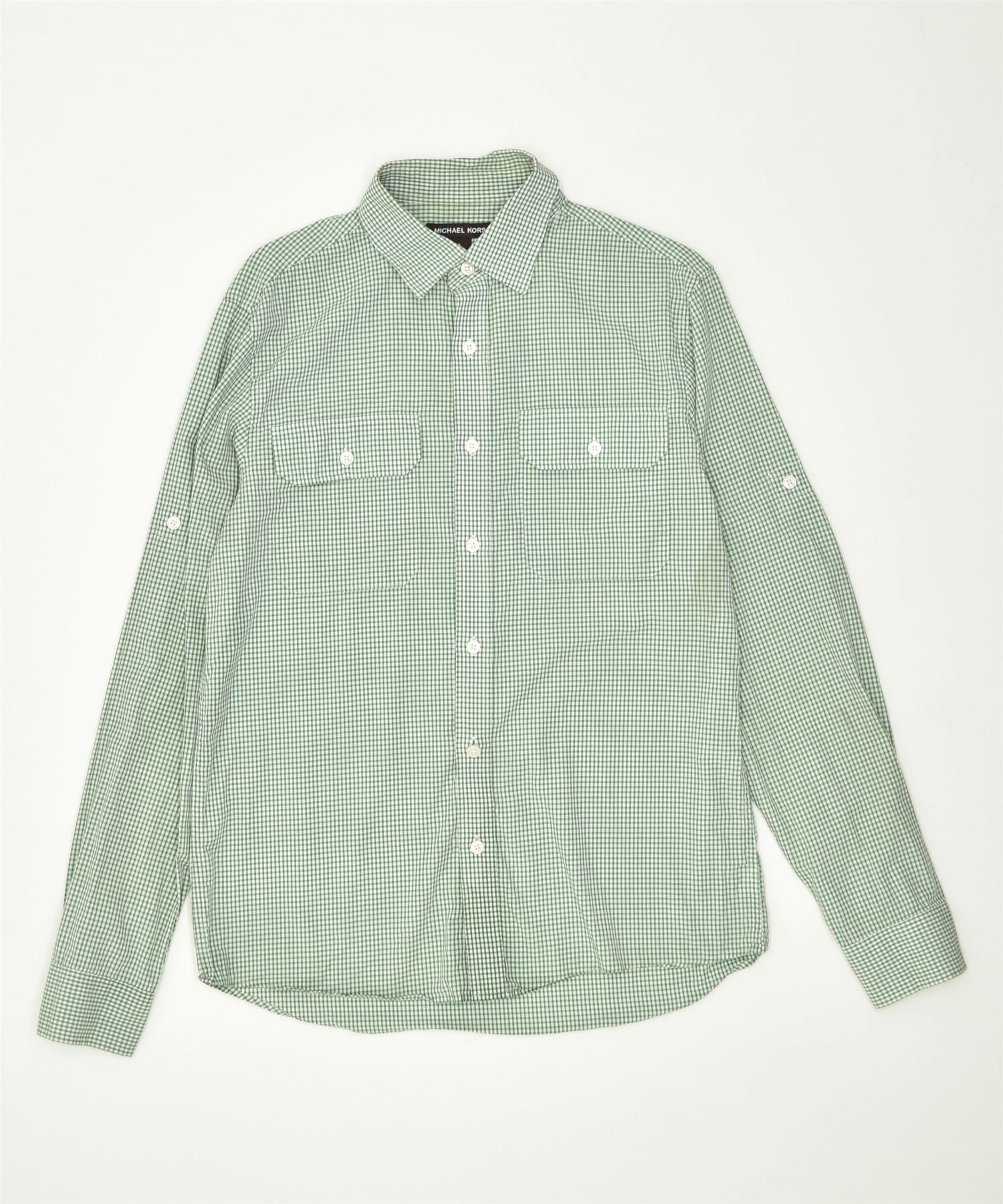 Image of MICHAEL KORS Mens Shirt Small Green Gingham Cotton