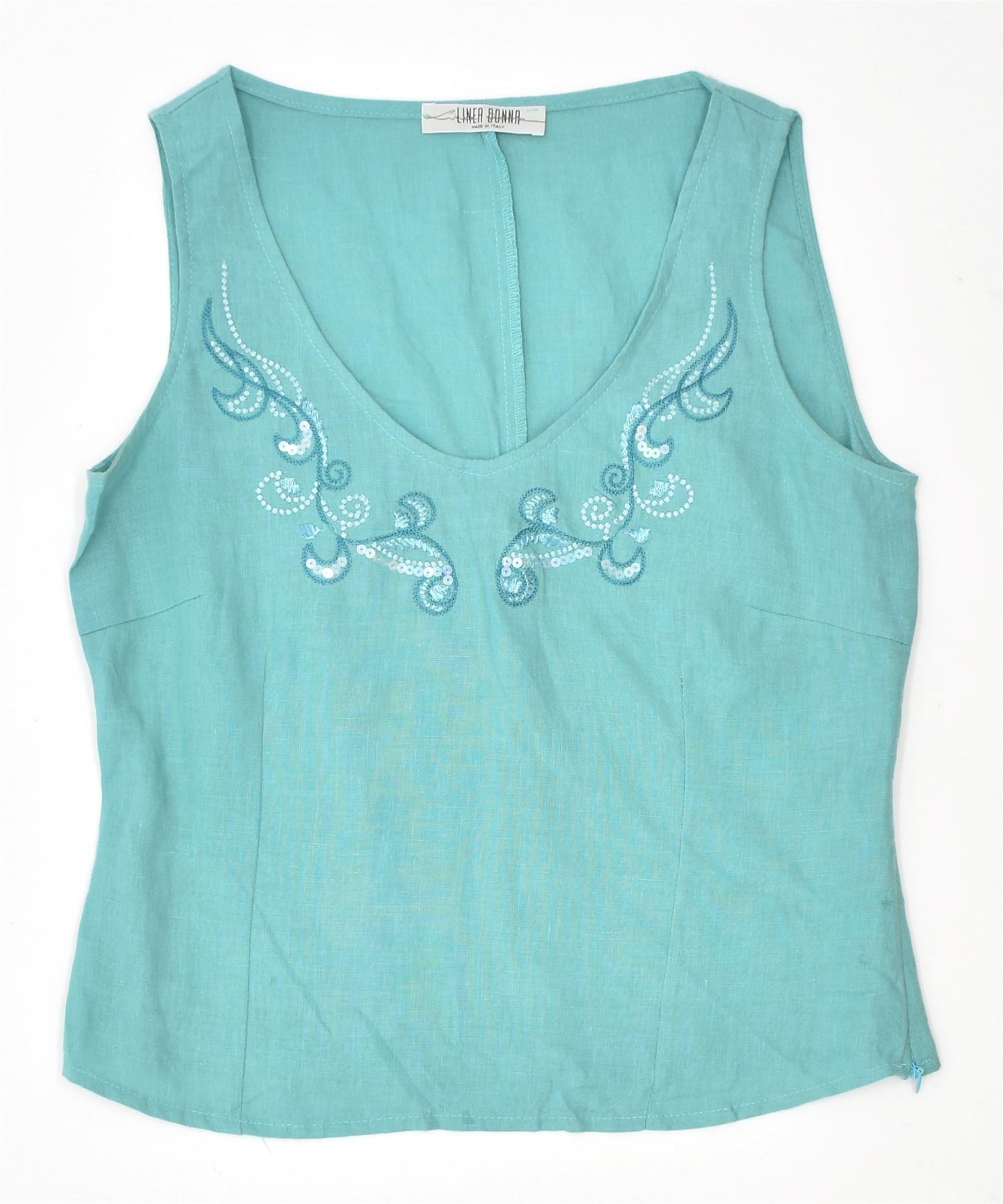 Image of LINEA DONNA Womens Blouse Top UK 14 Medium Turquoise Linen Vintage