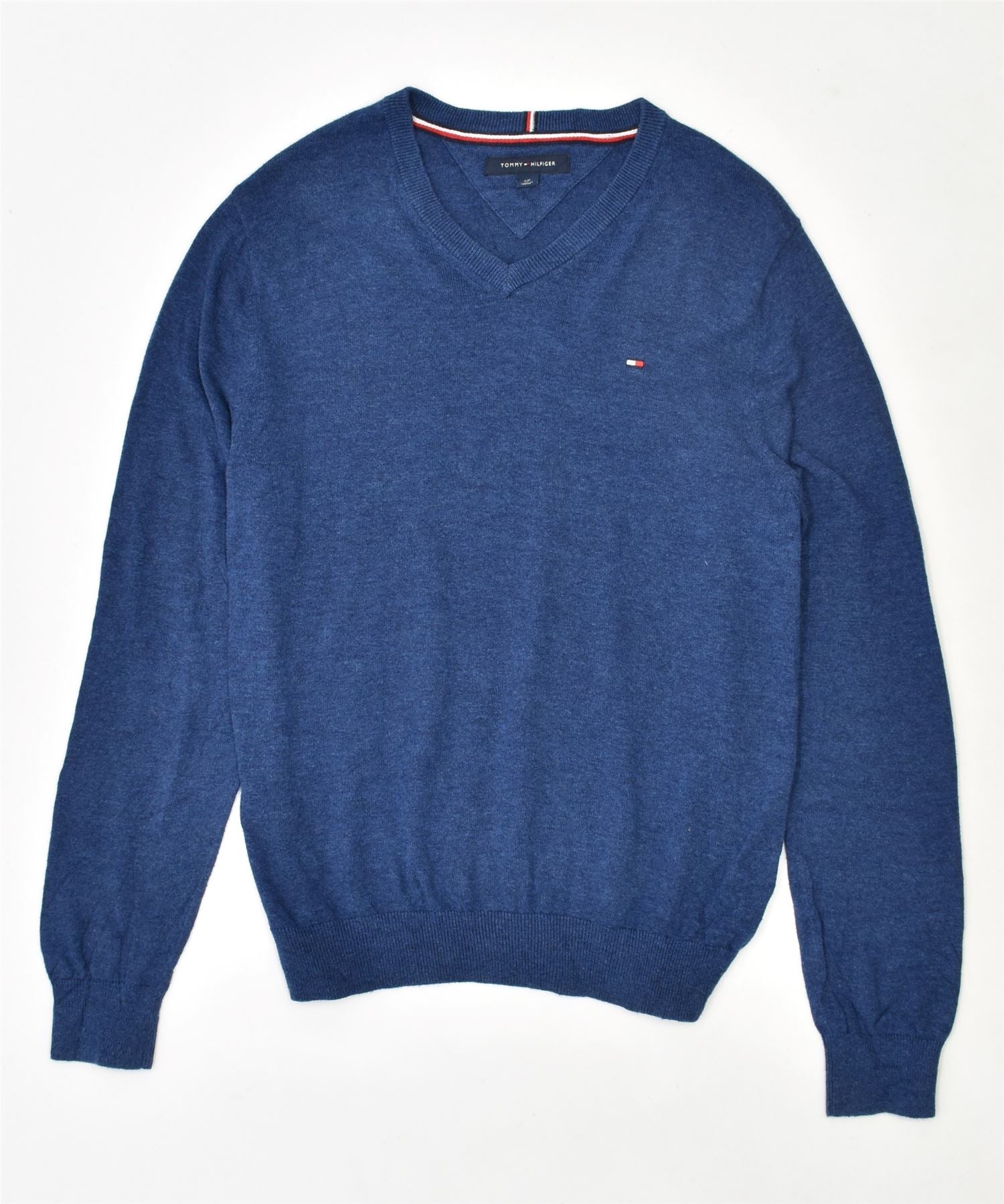 image of TOMMY HILFIGER Mens V-Neck Jumper Sweater Small Blue