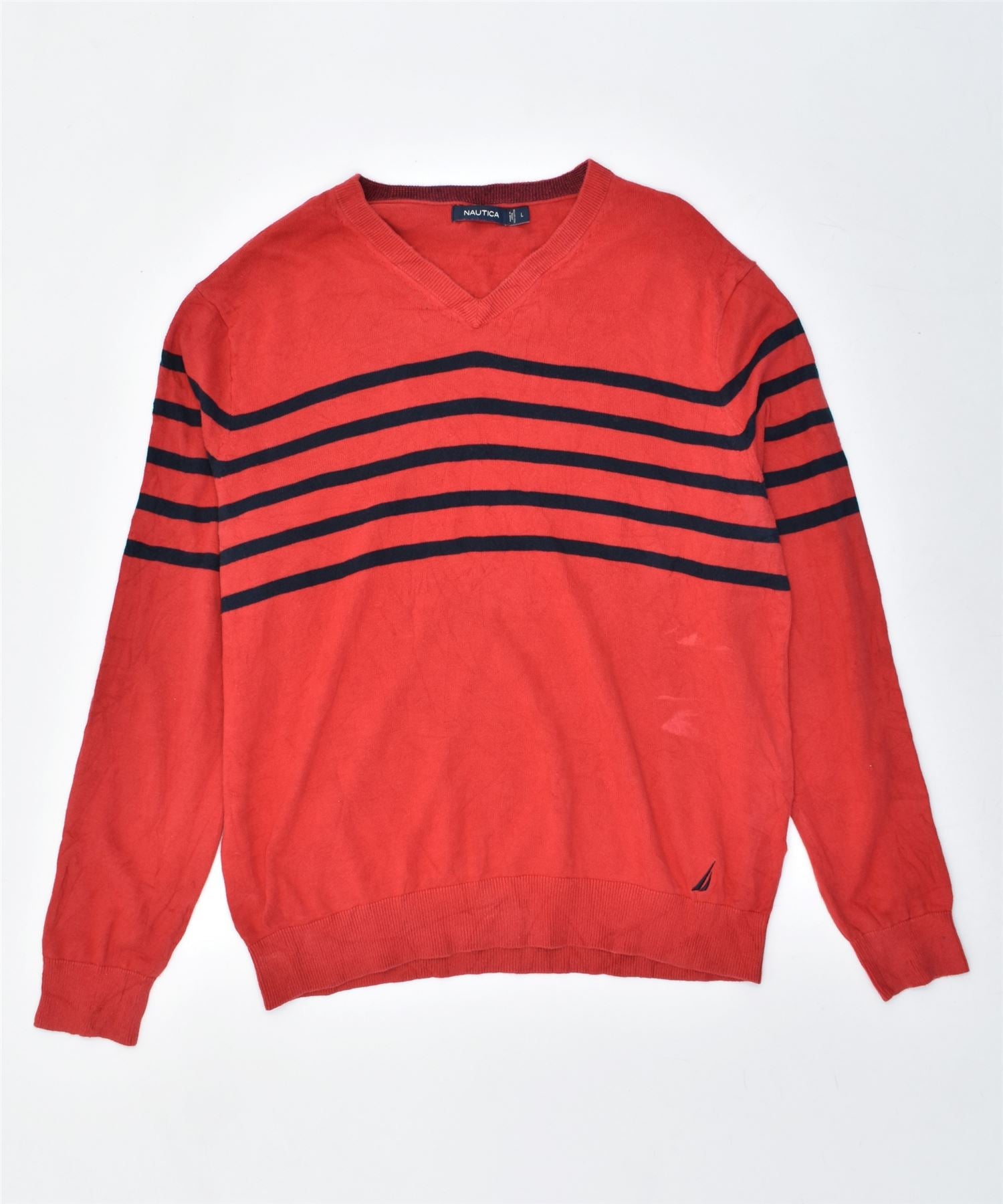 Image of NAUTICA Mens V-Neck Jumper Sweater Large Red Striped Cotton