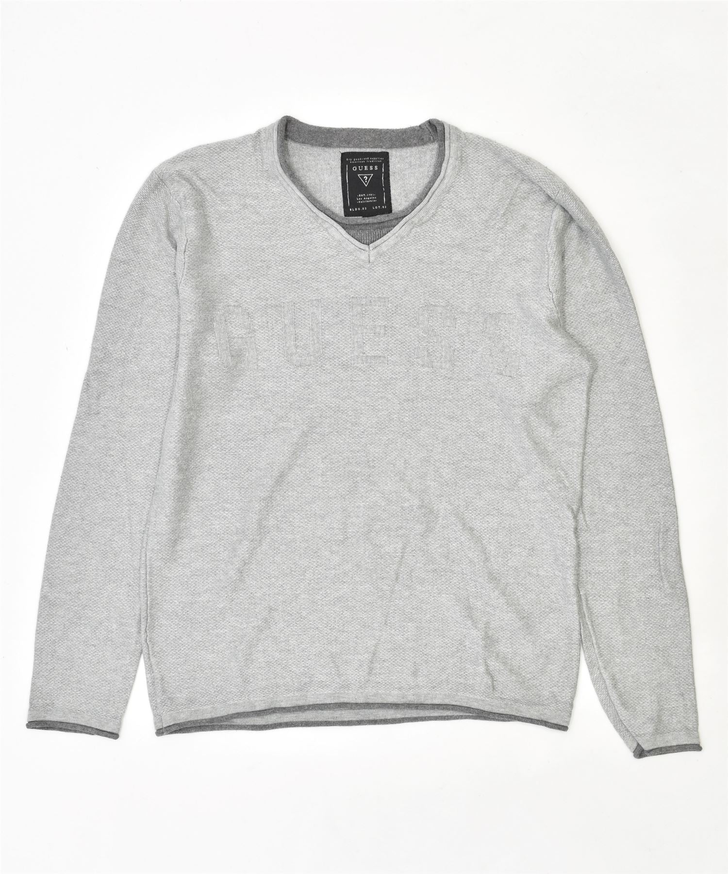 image of GUESS Mens V-Neck Jumper Sweater Medium Grey Cotton