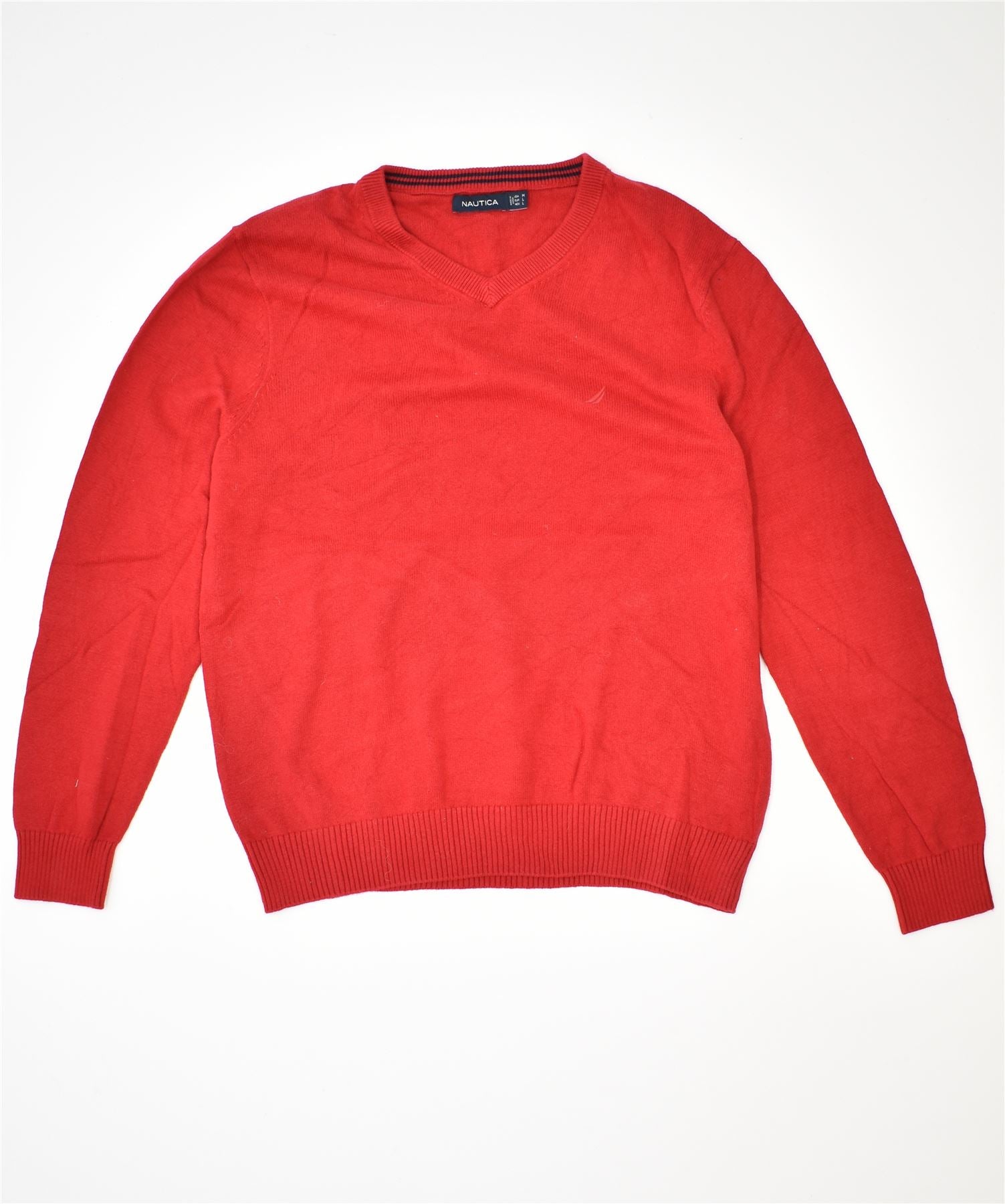 image of NAUTICA Mens V-Neck Jumper Sweater Large Red Cotton