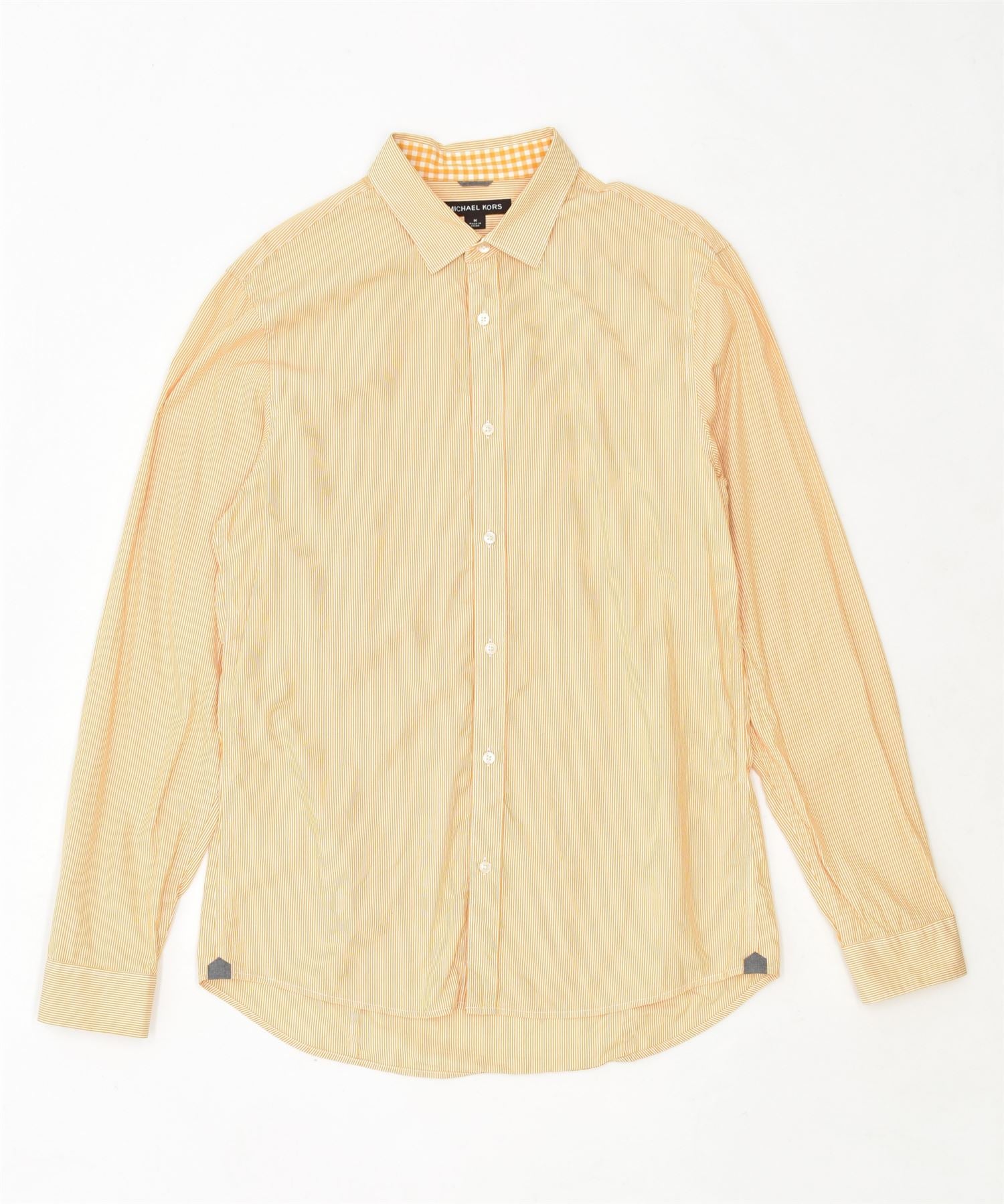 image of MICHAEL KORS Mens Slim Fit Shirt Medium Yellow Striped Cotton