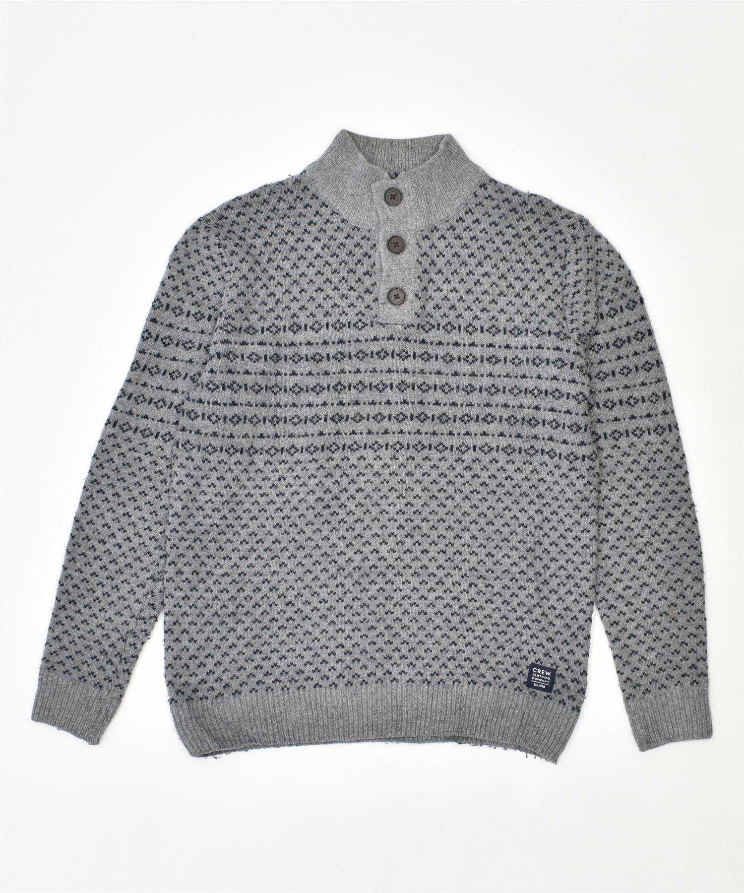 image of CREW CLOTHING Mens Button Neck Jumper Sweater Small Grey Fair Isle Acrylic