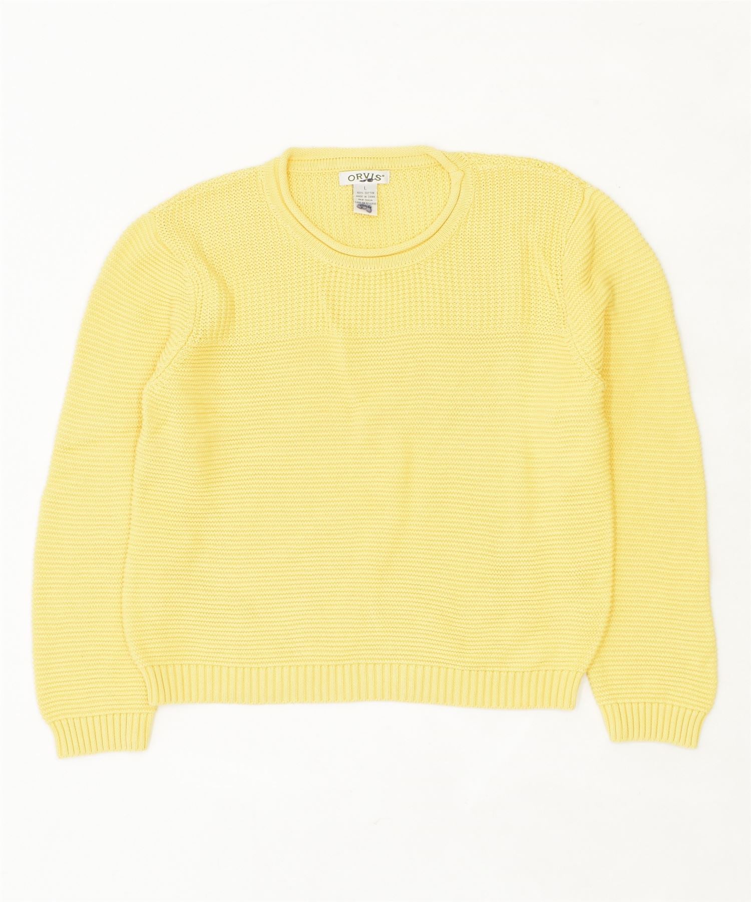 image of ORVIS Womens Crew Neck Jumper Sweater UK 16 Large Yellow Cotton Vintage