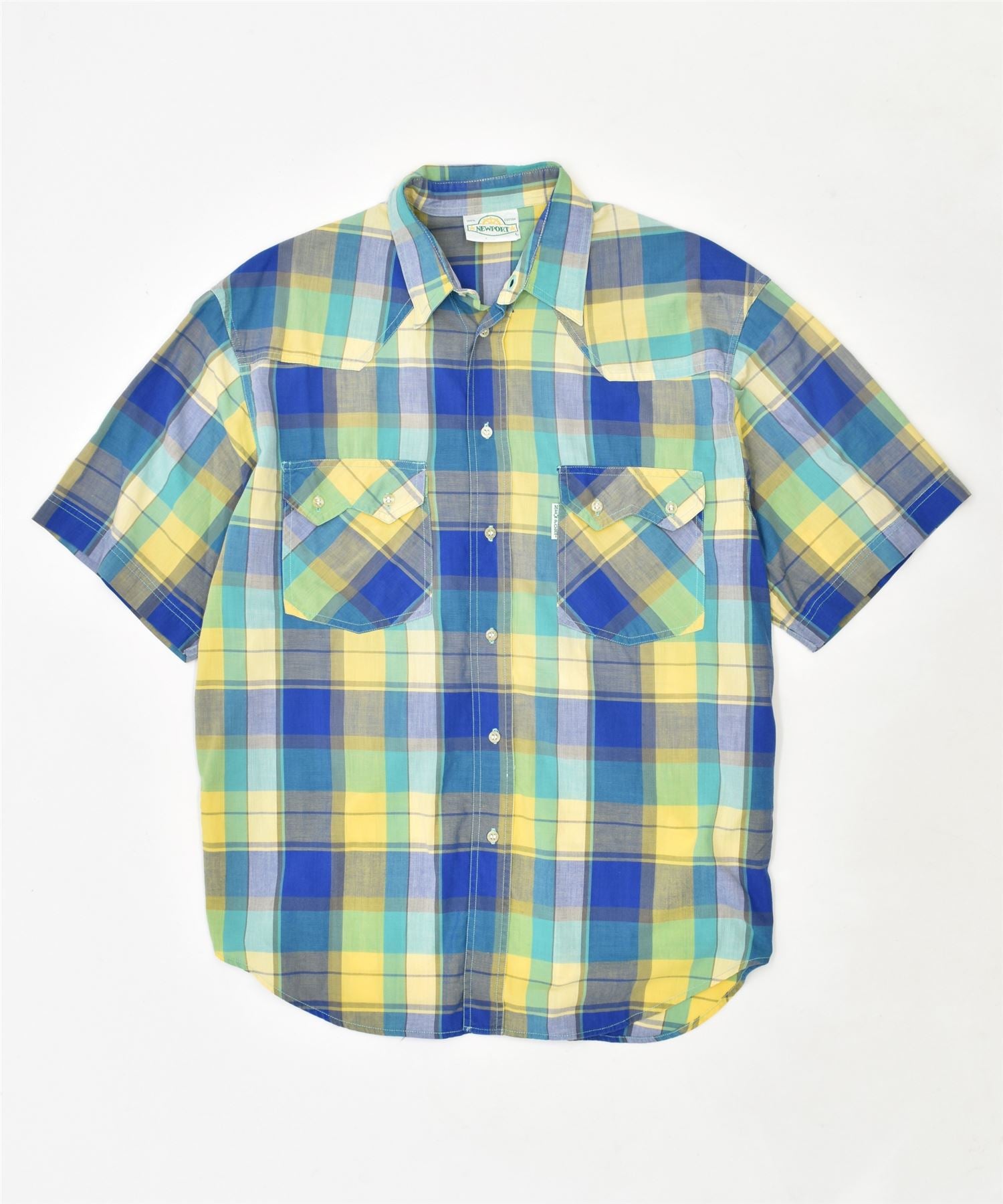 Image of NEW PORT Mens Short Sleeve Shirt Large Yellow Check Cotton Vintage