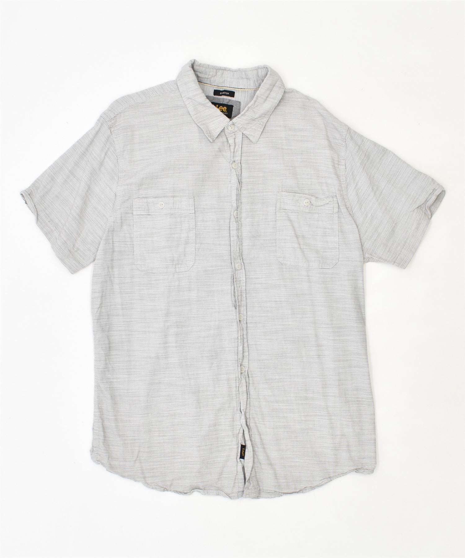 image of LEE COOPER Mens Short Sleeve Shirt Large Grey Pinstripe Cotton