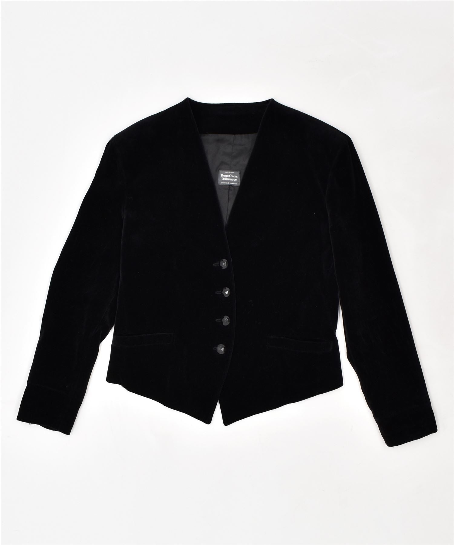 Image of BENETTON Womens Crop 4 Button Blazer Jacket UK 14 Large Black Cotton