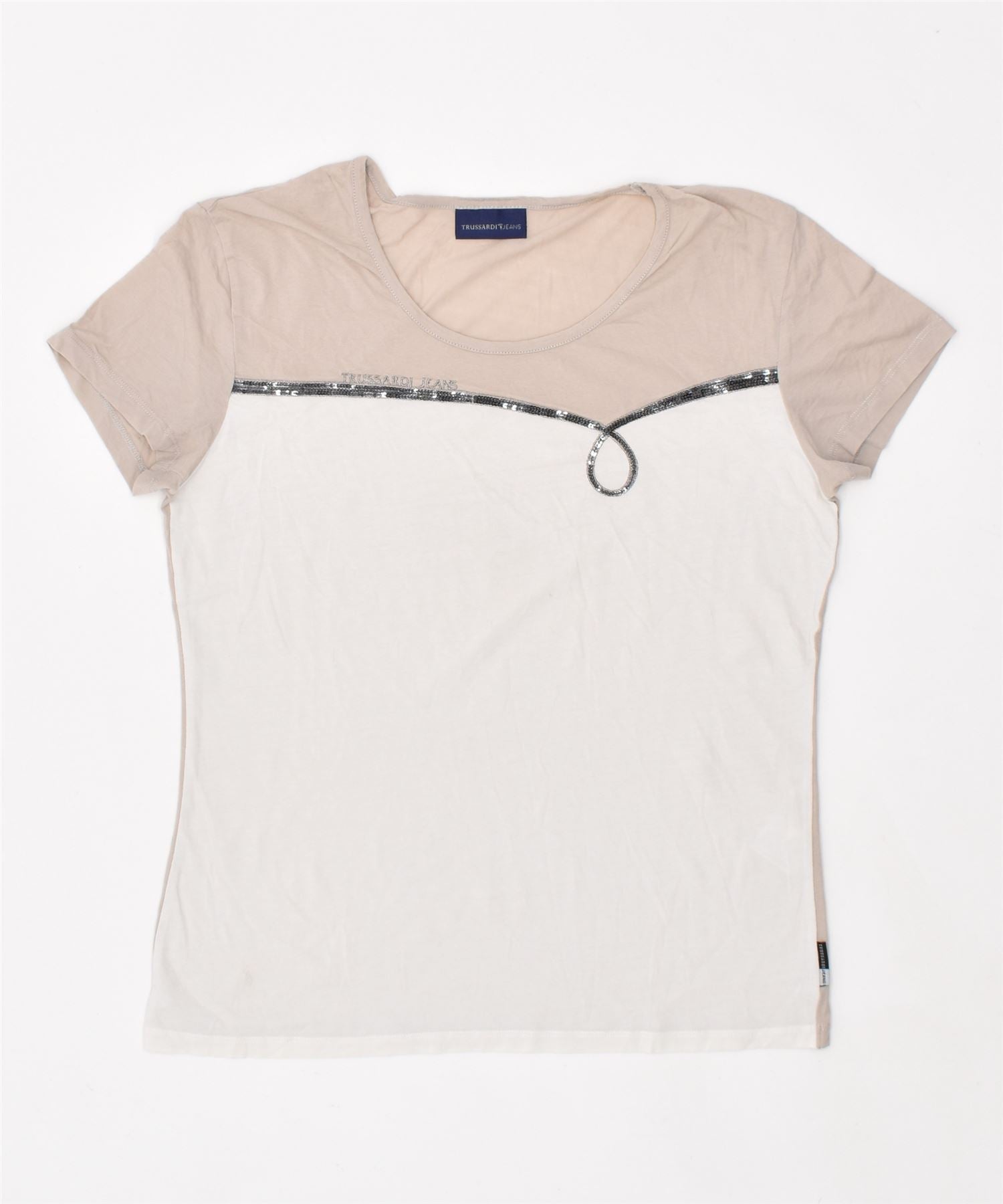 image of TRUSSARDI Womens T-Shirt Top UK 14 Large Beige Colourblock Cotton