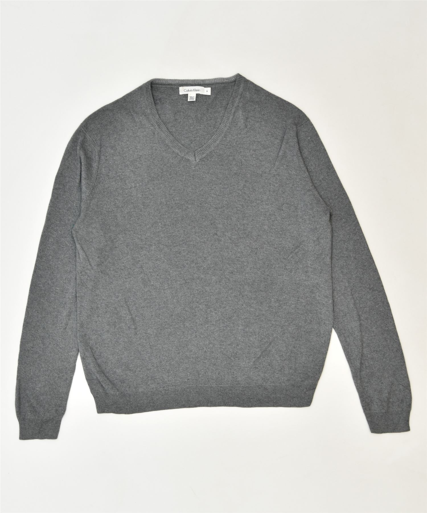 image of CALVIN KLEIN Mens V-Neck Jumper Sweater Medium Grey Cotton Classic