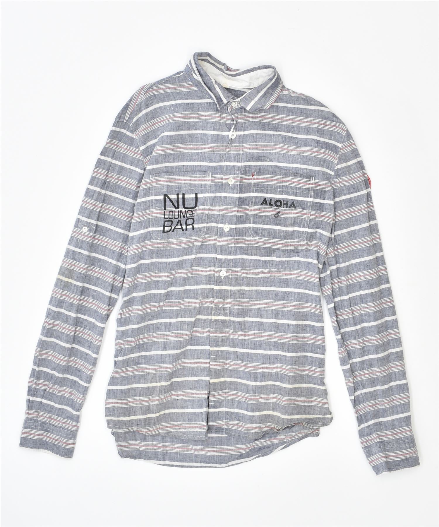 Image of WOOLRICH Mens Shirt Small Blue Striped Linen