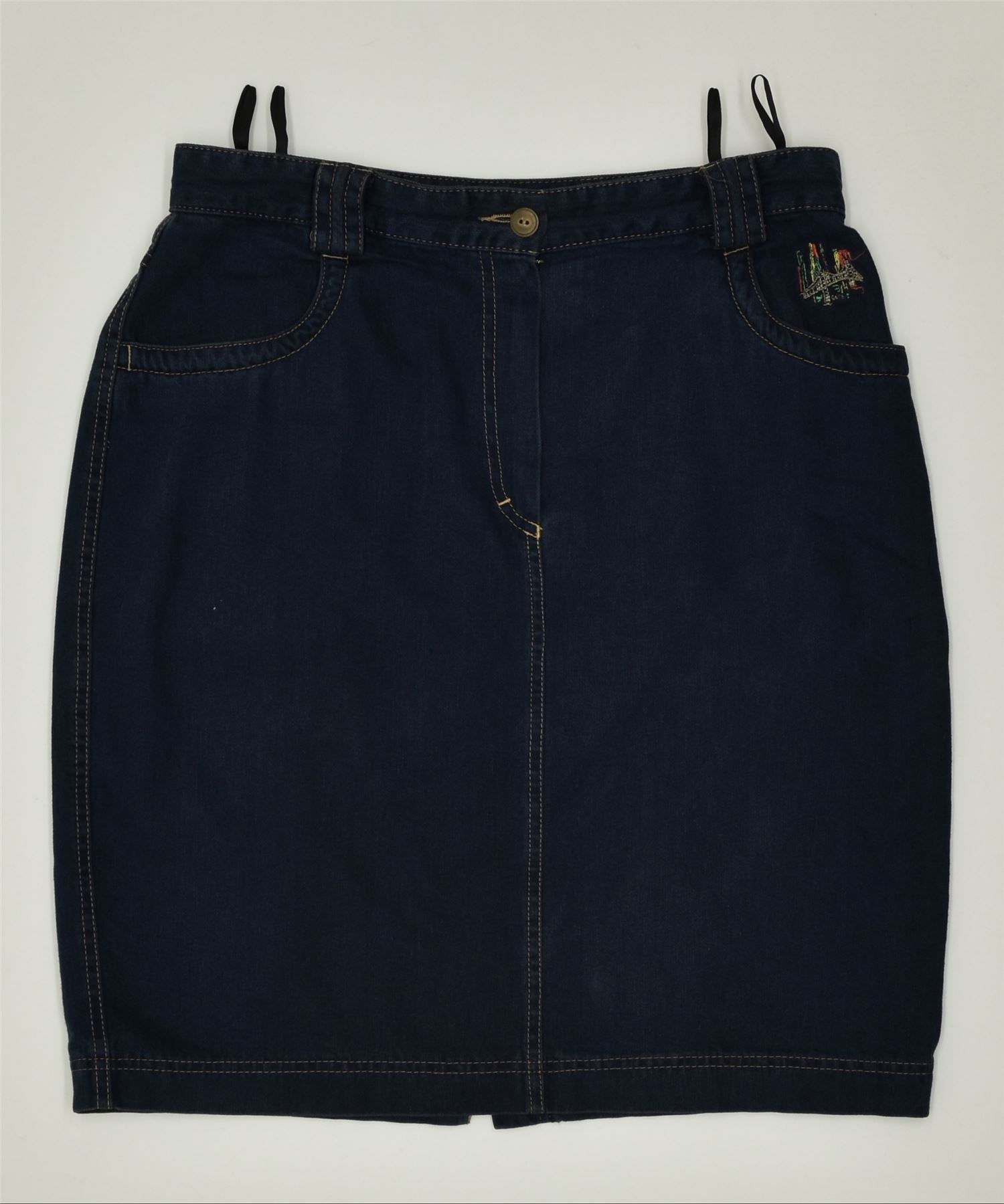 Image of HAPPY Womens Denim Skirt EU 44 Large W32 Navy Blue Cotton Vintage