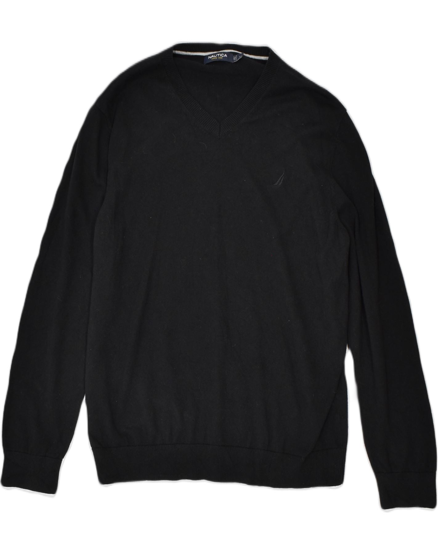 image of NAUTICA Mens V-Neck Jumper Sweater Large Black Cotton