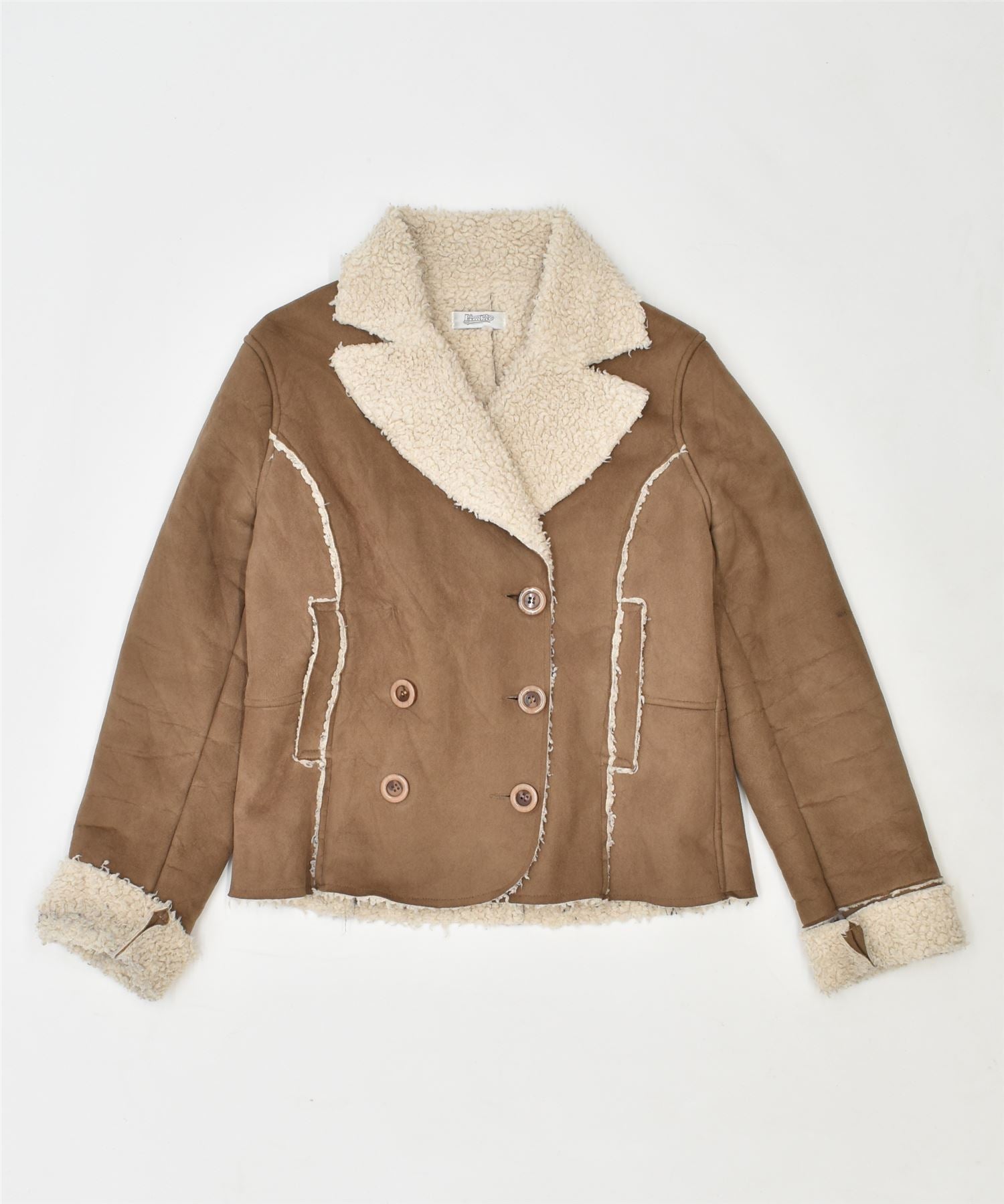 Image of PIMKIE Womens Double Breasted Shearling Jacket UK 12 Medium Brown