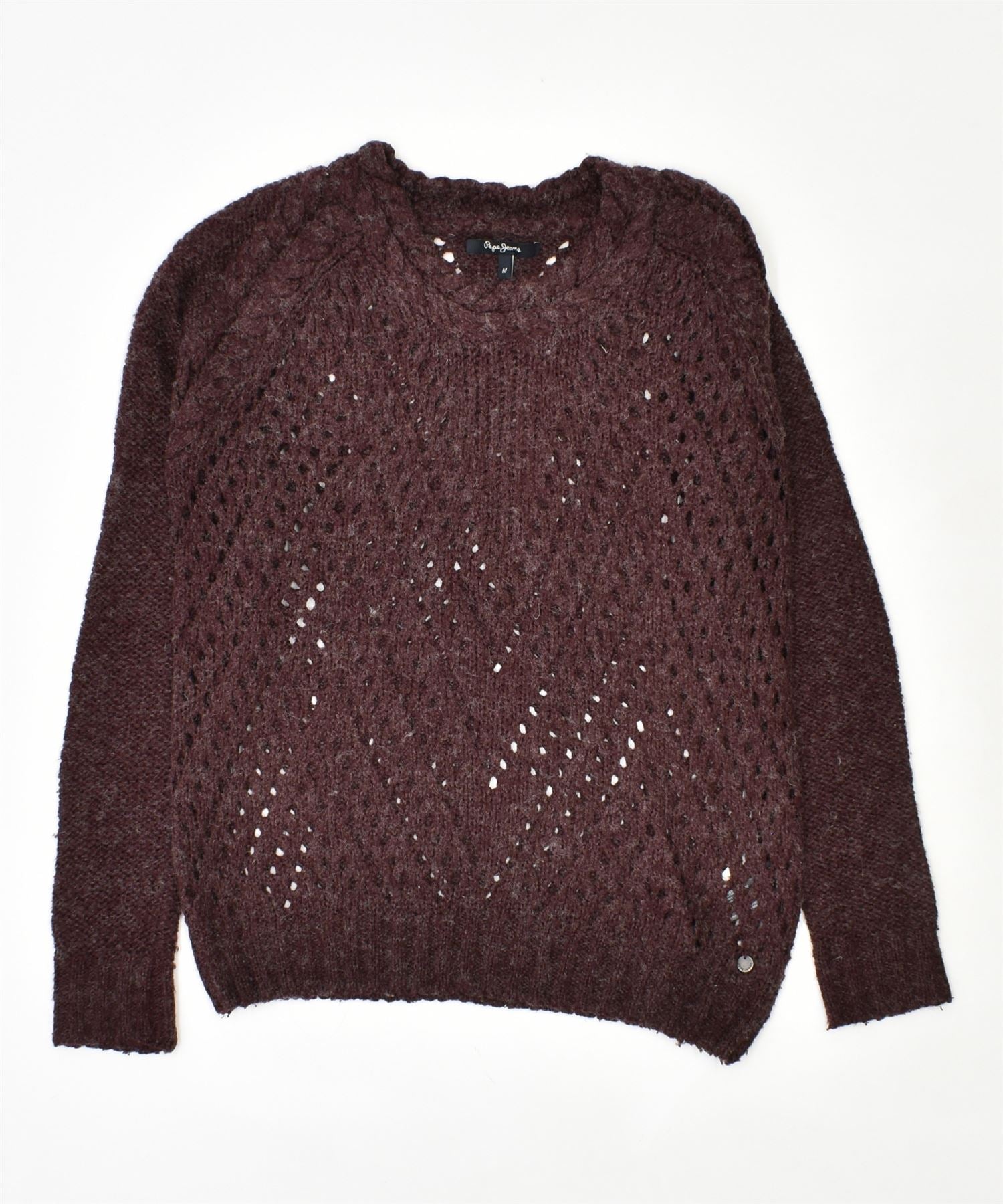 Image of PEPE JEANS Womens Crew Neck Jumper Sweater UK 14 Medium Burgundy Acrylic