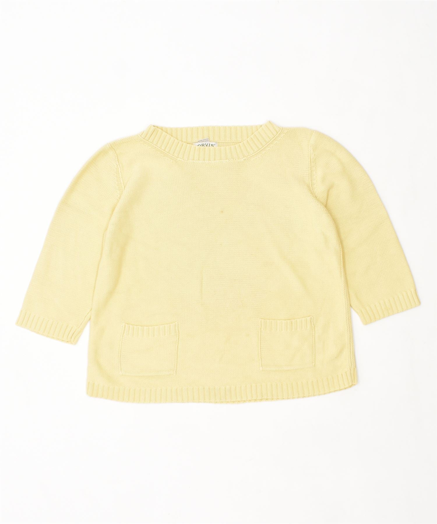 image of ORVIS Womens 3/4 Sleeve Crew Neck Jumper Sweater UK 14 Large Yellow Cotton