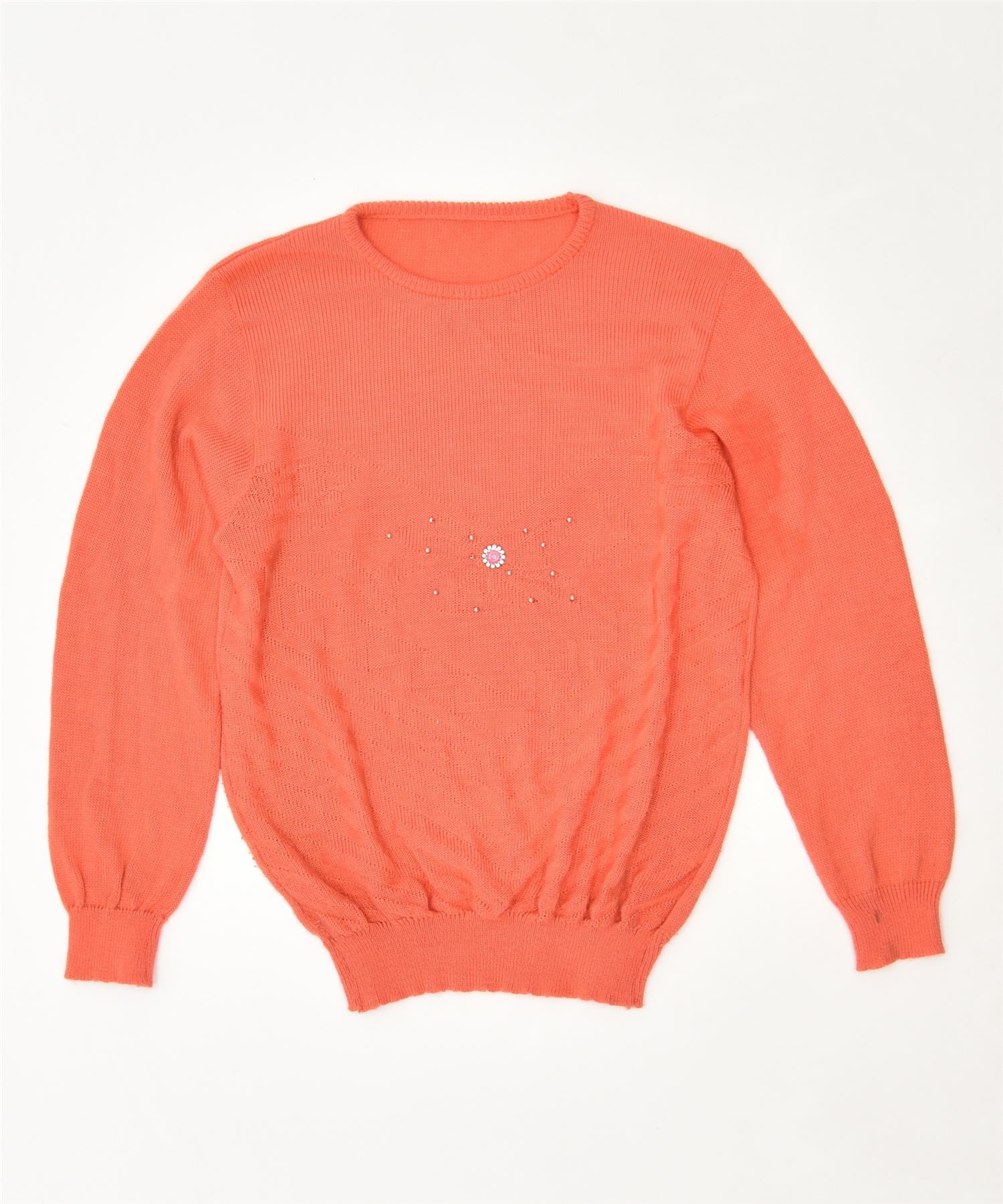 image of VINTAGE Womens Crew Neck Jumper Sweater UK 16 Large Orange Flower