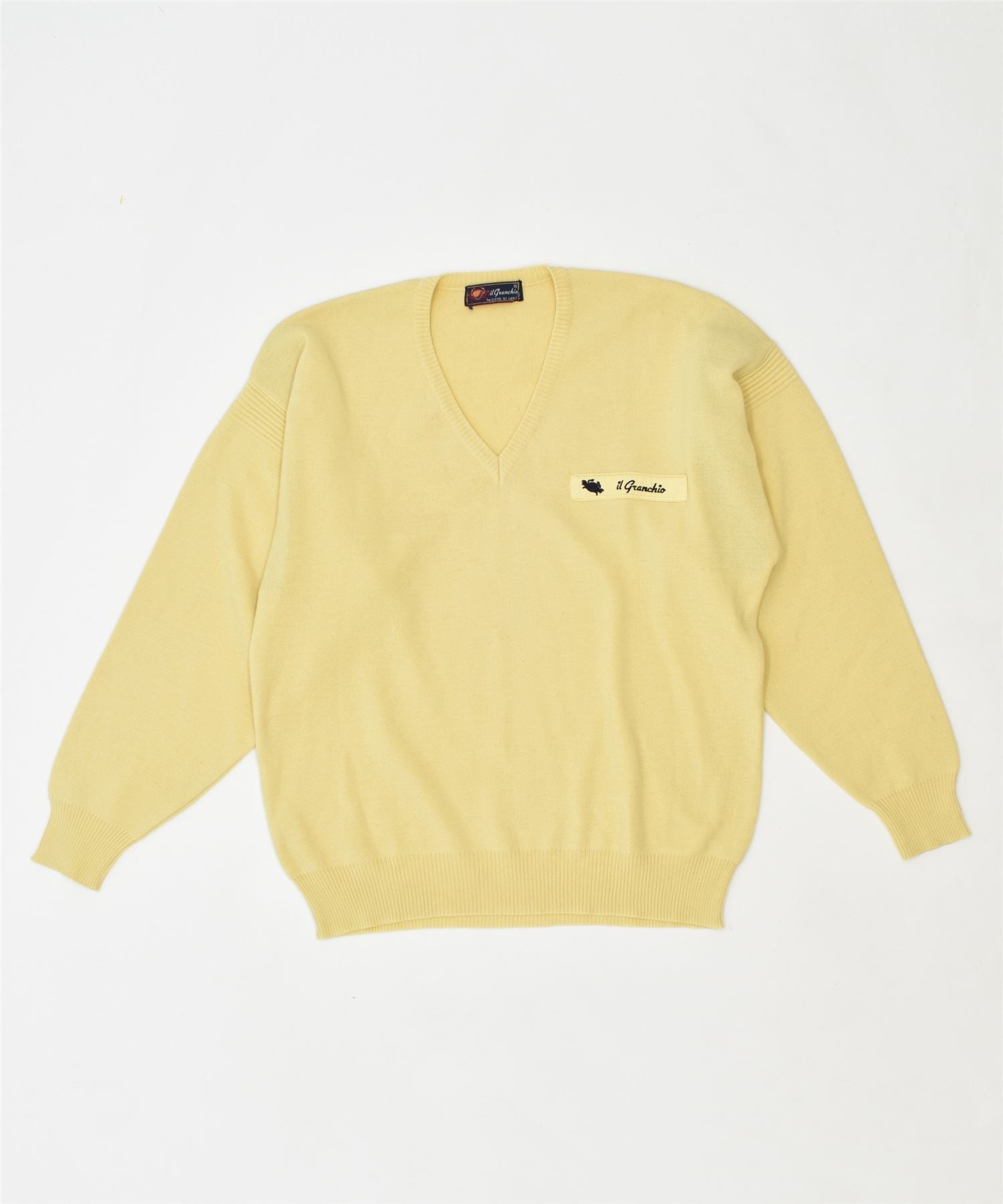 Image of IL GRANCHIO Mens V-Neck Jumper Sweater Large Yellow Cotton Vintage