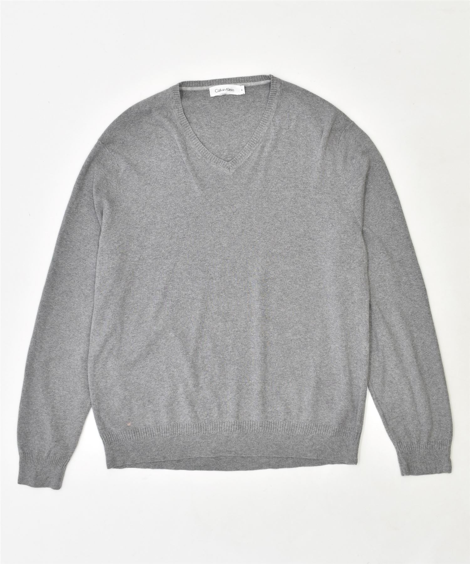 image of CALVIN KLEIN Mens V-Neck Jumper Sweater Medium Grey Cotton