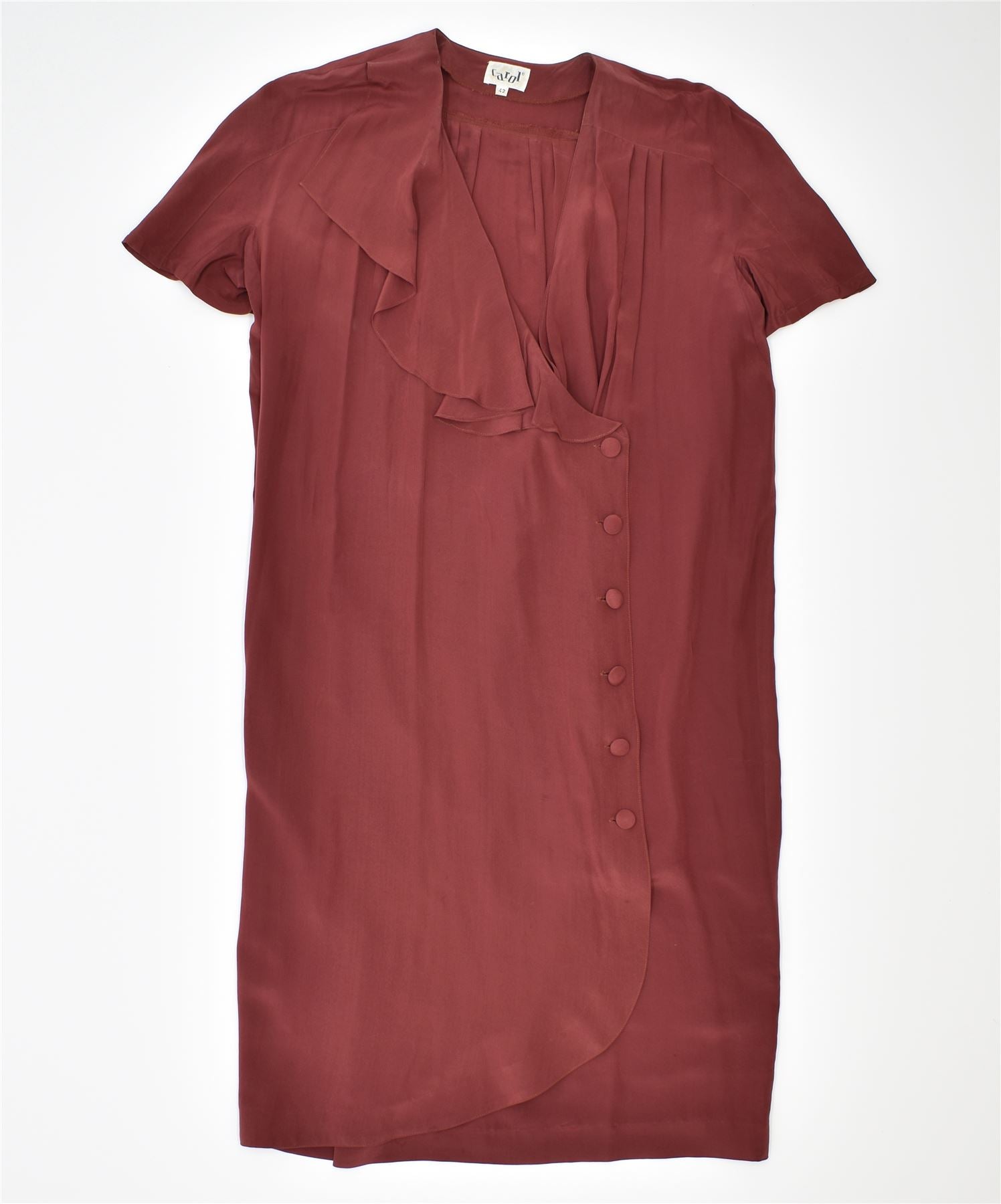 image of CAROL Womens Ruffle Front Shift Dress IT 42 Medium Burgundy Vintage