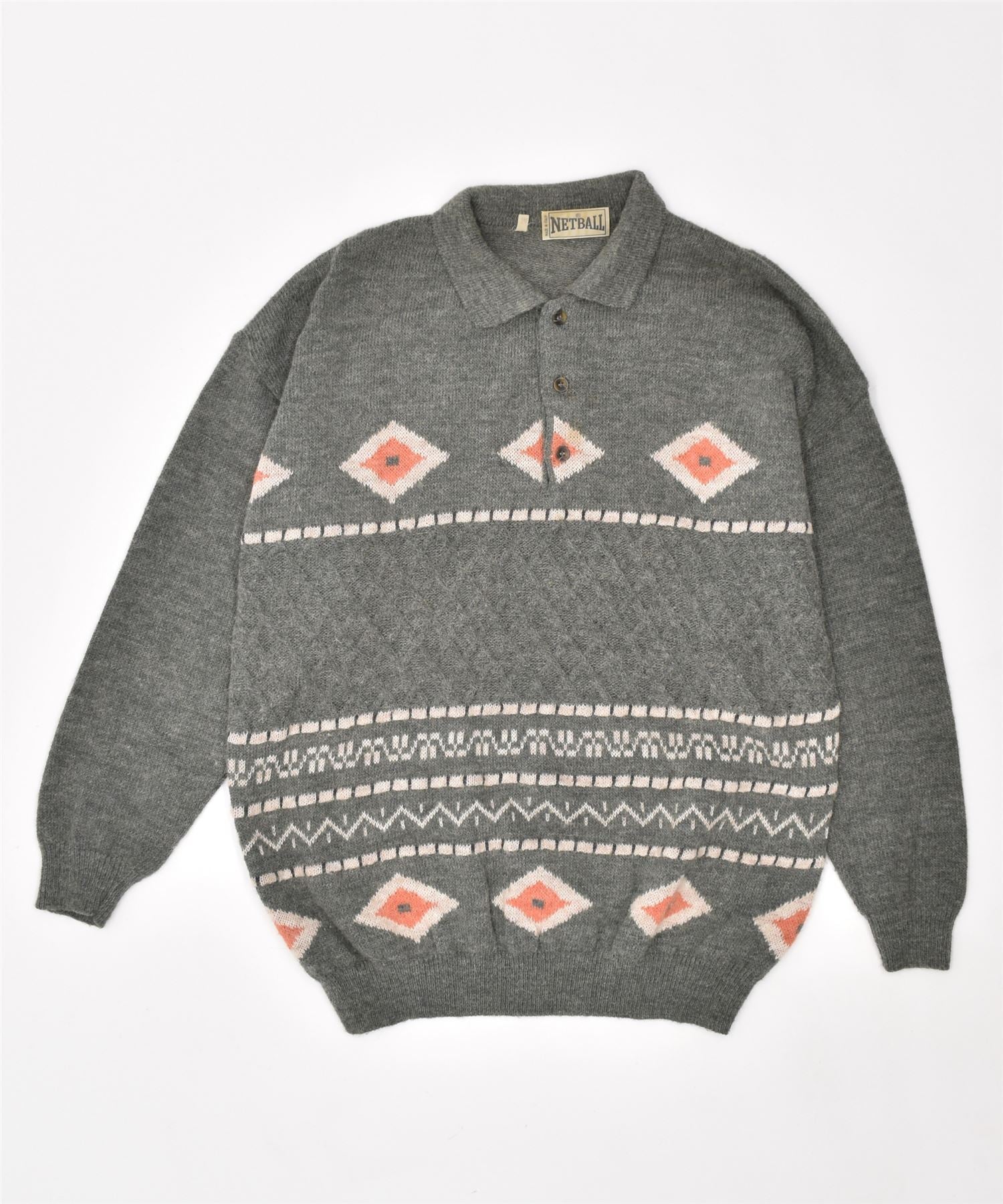 Image of NETBALL Mens Polo Neck Jumper Sweater Medium Grey Argyle/Diamond Acrylic