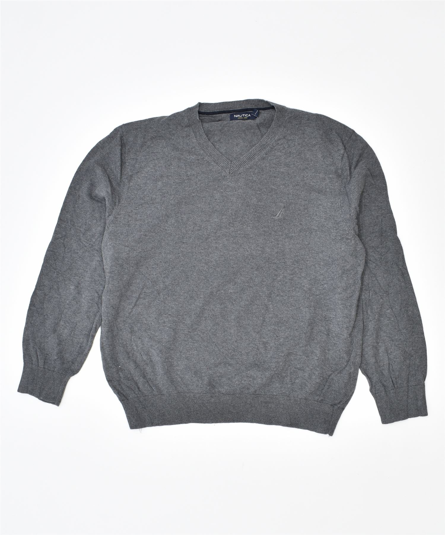 Image of NAUTICA Mens V-Neck Jumper Sweater Large Grey Cotton