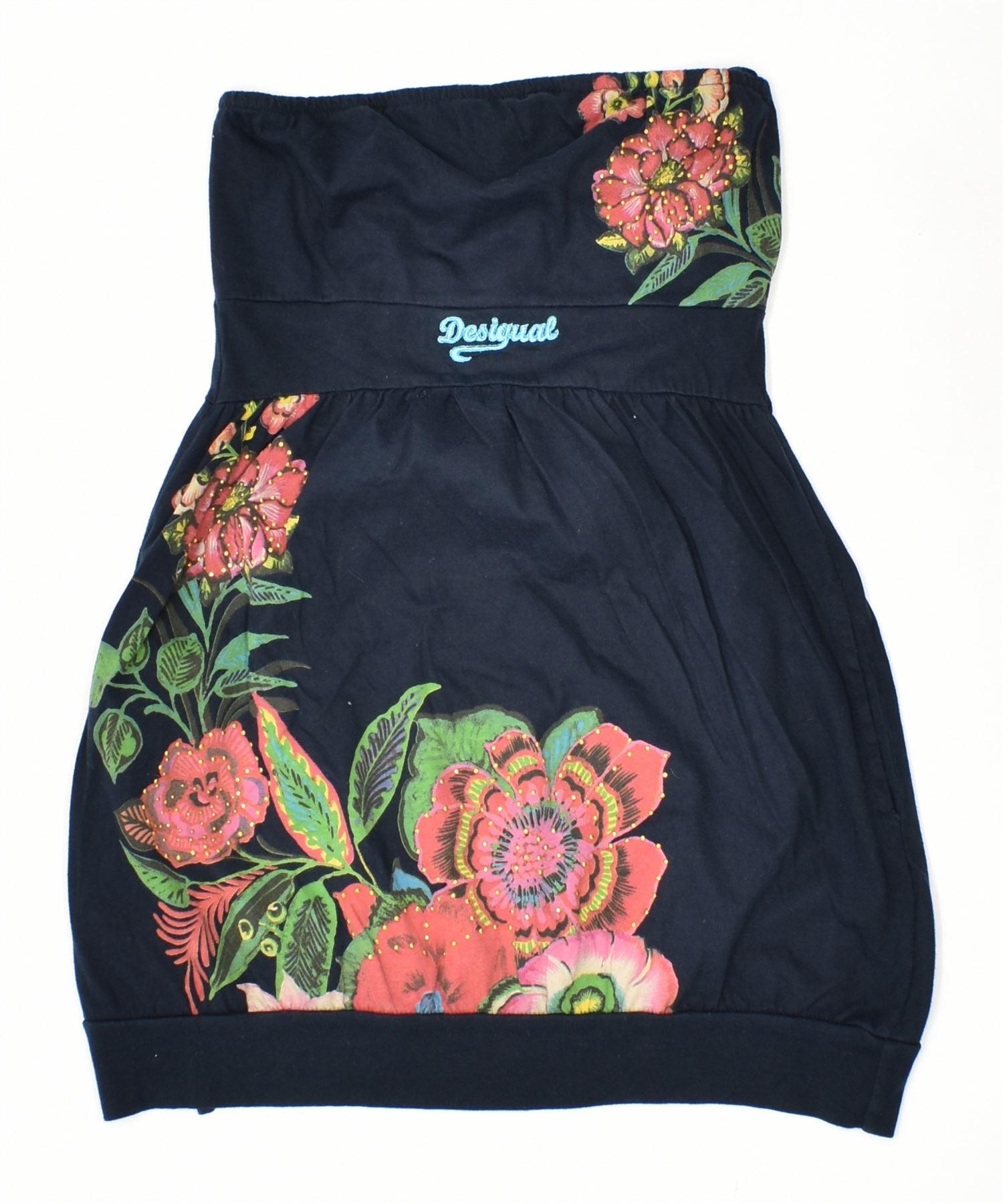 image of DESIGUAL Womens Strapless Blouse Top UK 12 Medium Black Floral Cotton