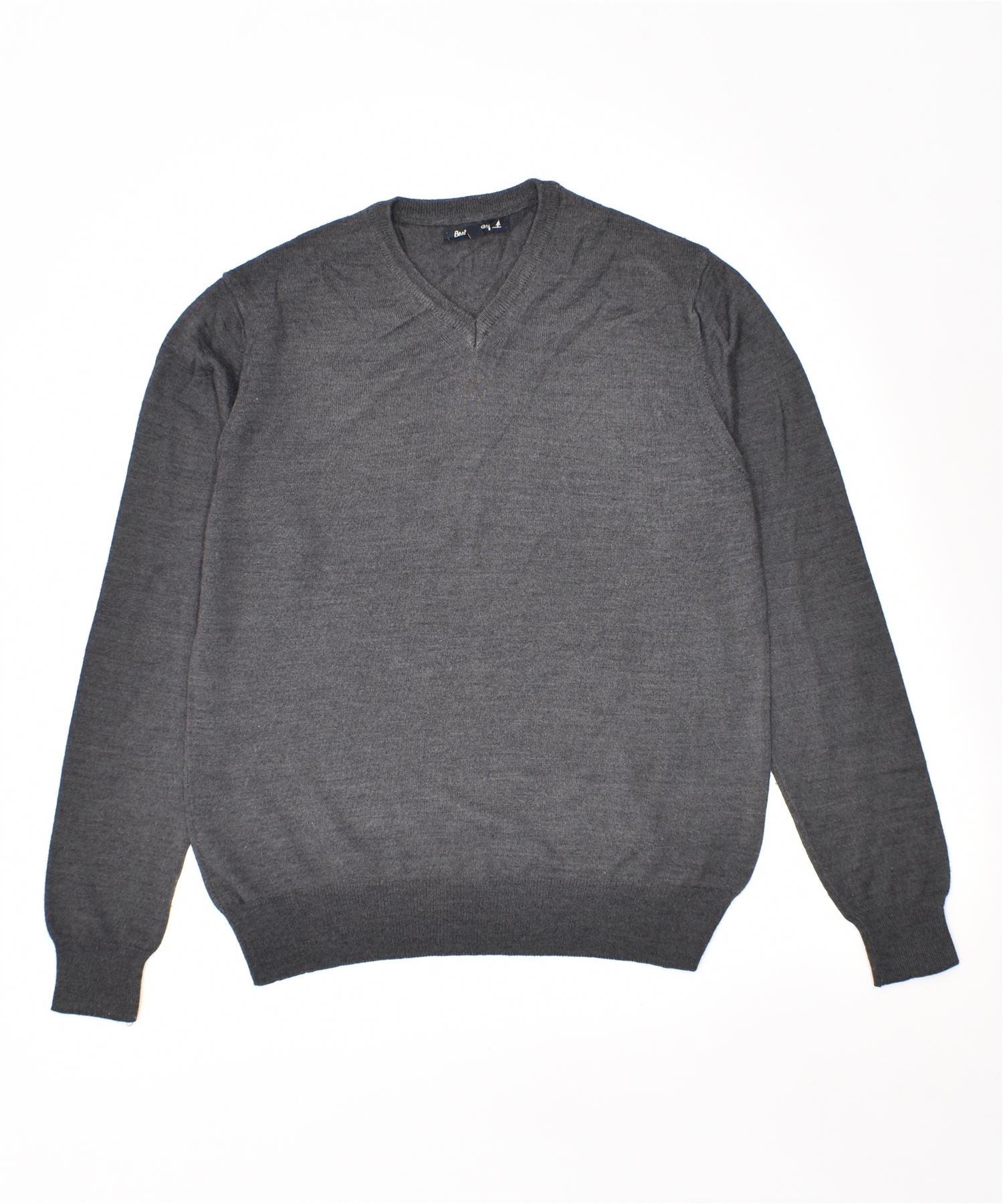 image of BEST COMPANY Mens V-Neck Jumper Sweater Small Grey Wool