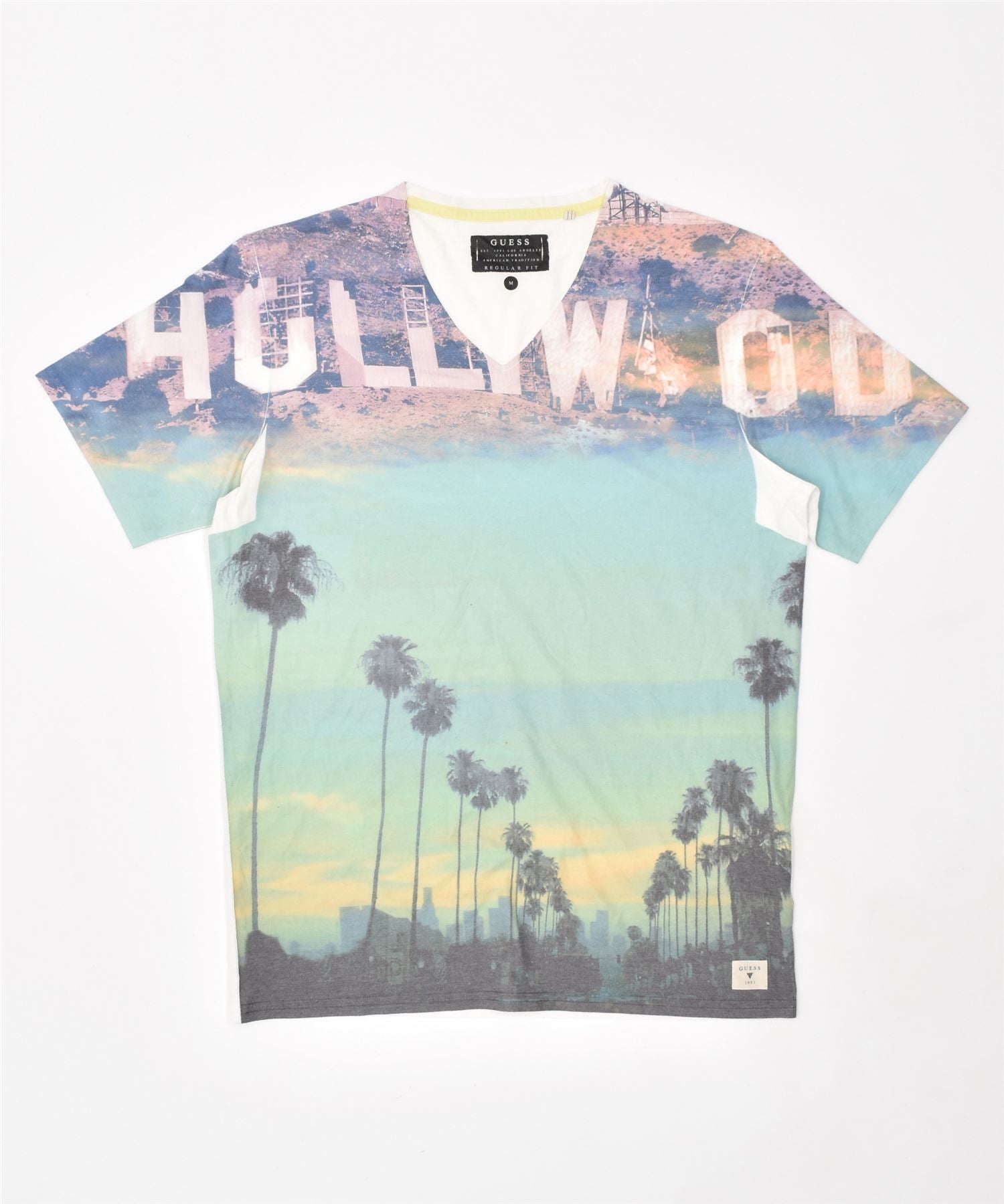 image of GUESS Mens Hollywood Graphic T-Shirt Top Medium Multicoloured