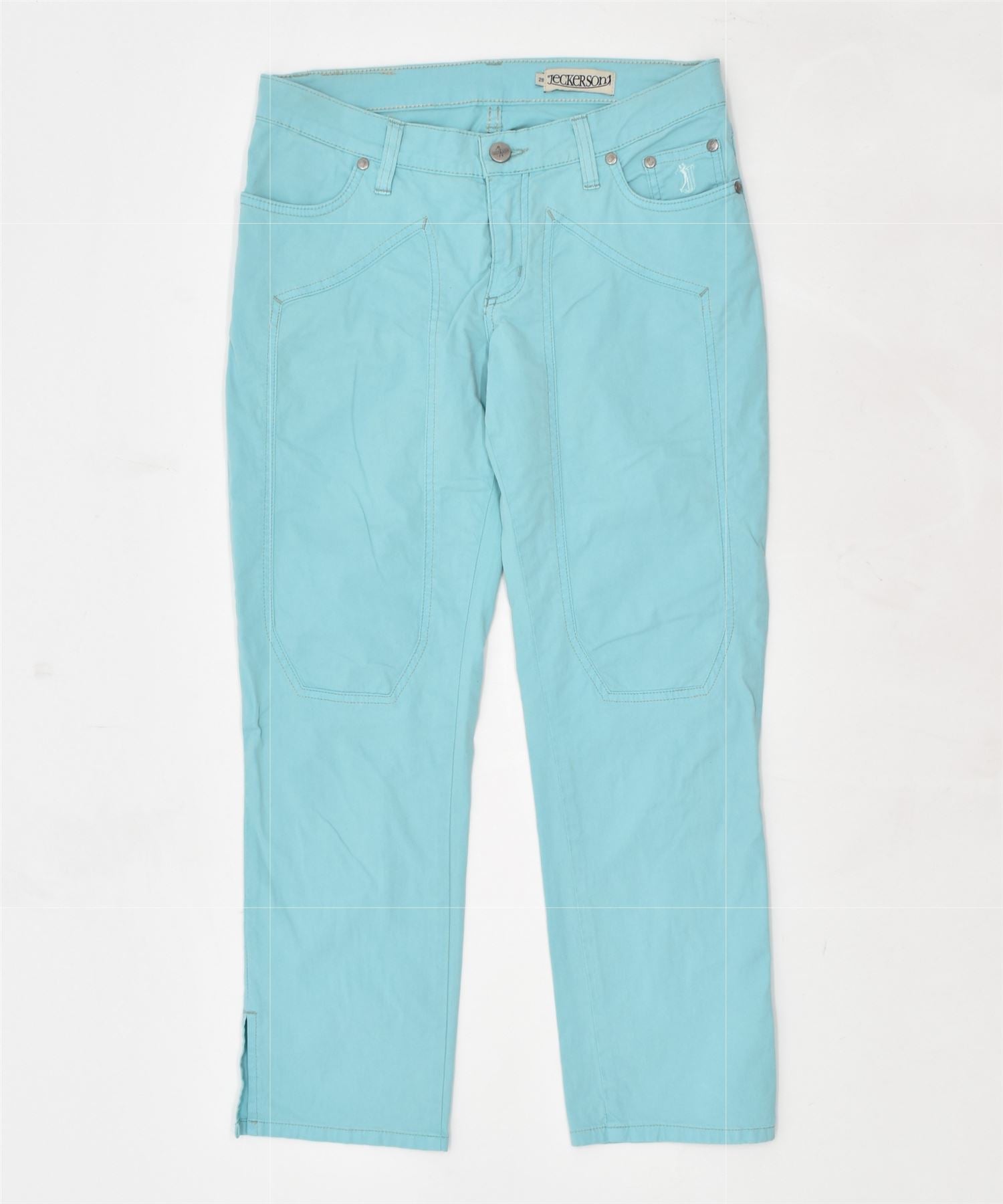 image of JECKERSON Womens Straight Capri Trousers W28 L24 Turquoise Cotton