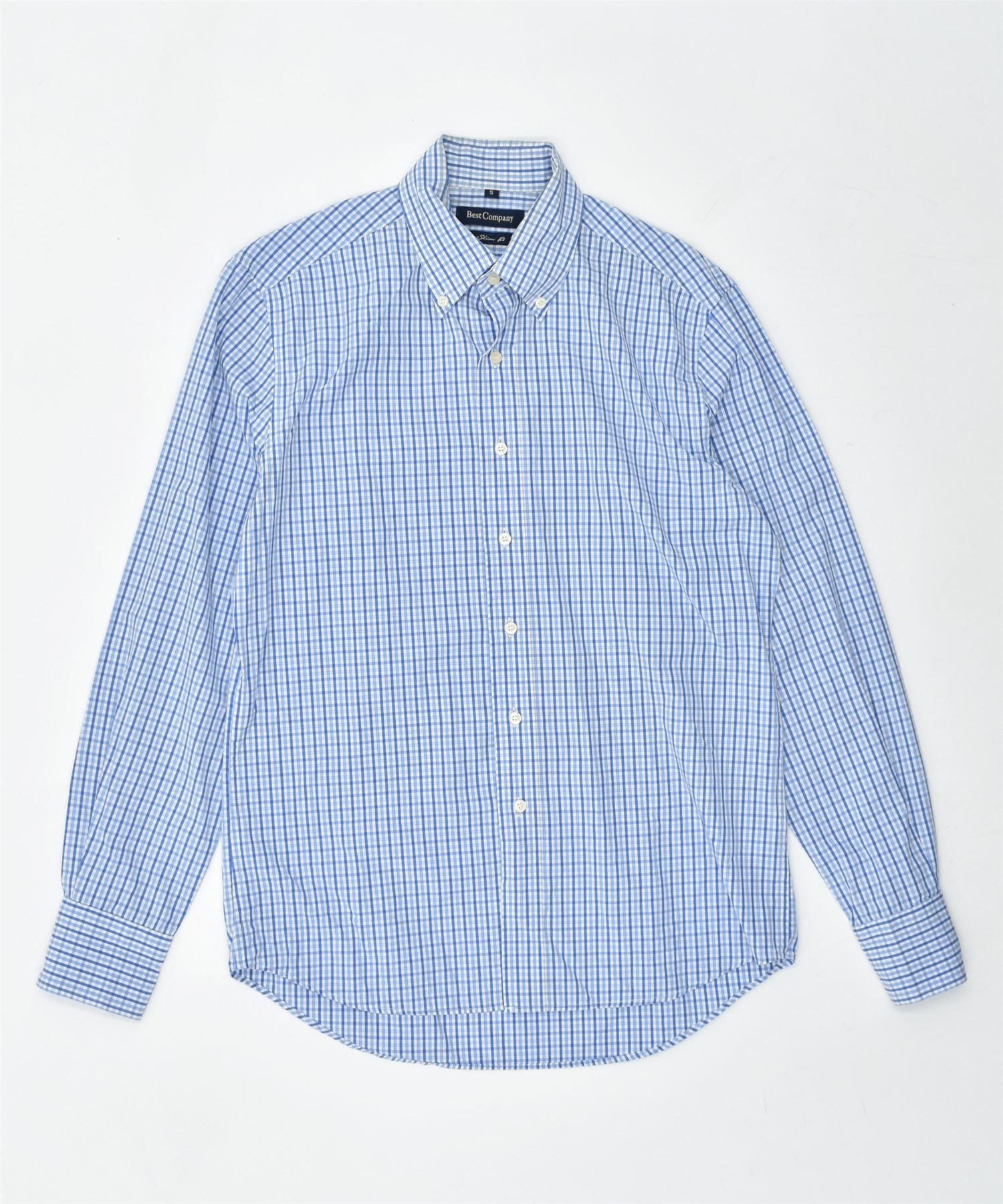 image of BEST COMPANY Mens Slim Fit Shirt Small Blue Check Cotton