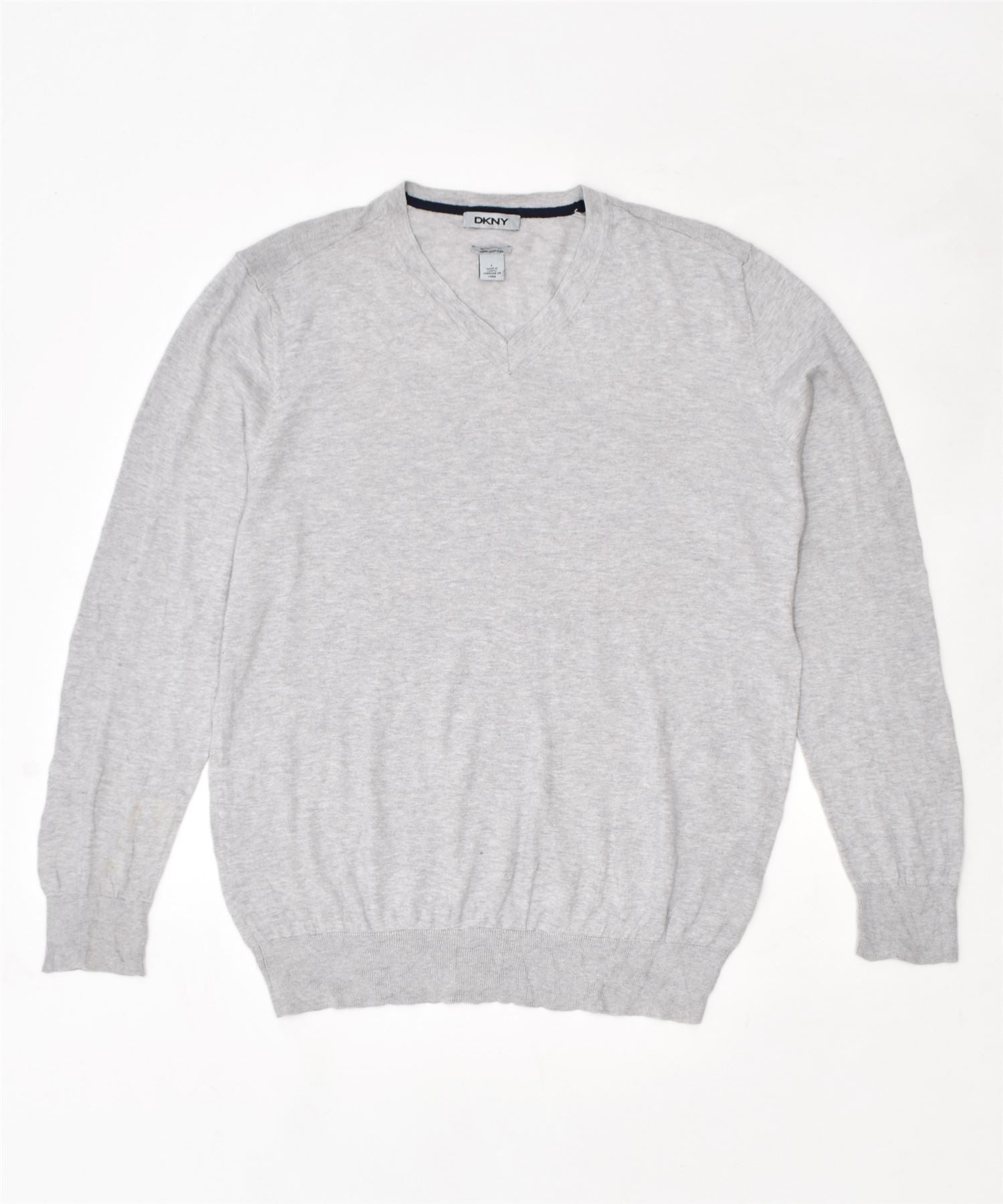 image of DKNY Mens V-Neck Jumper Sweater Large Grey Cotton