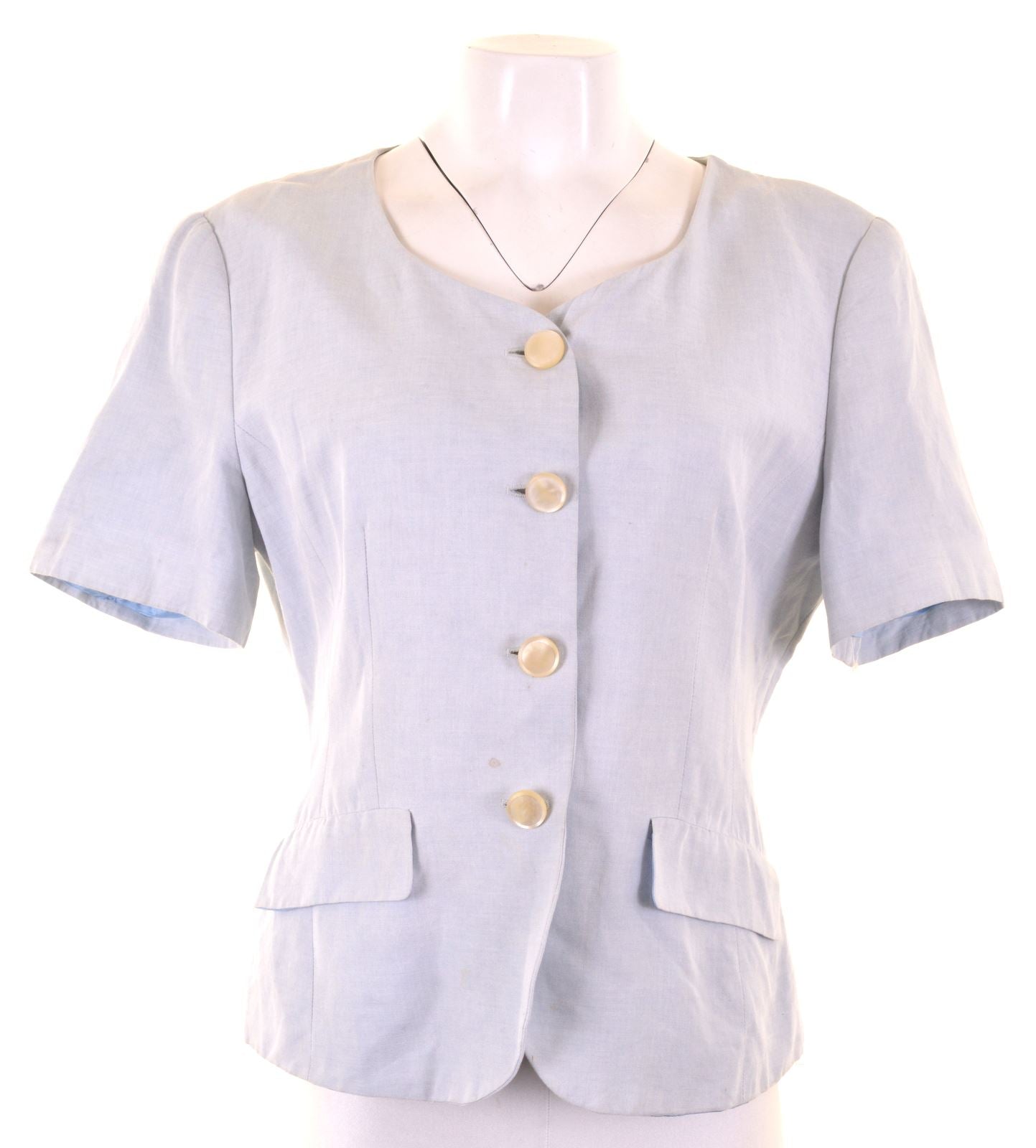 image of BENETTON Womens 4 Button Blazer Jacket Short Sleeve IT 46 Large Blue Linen