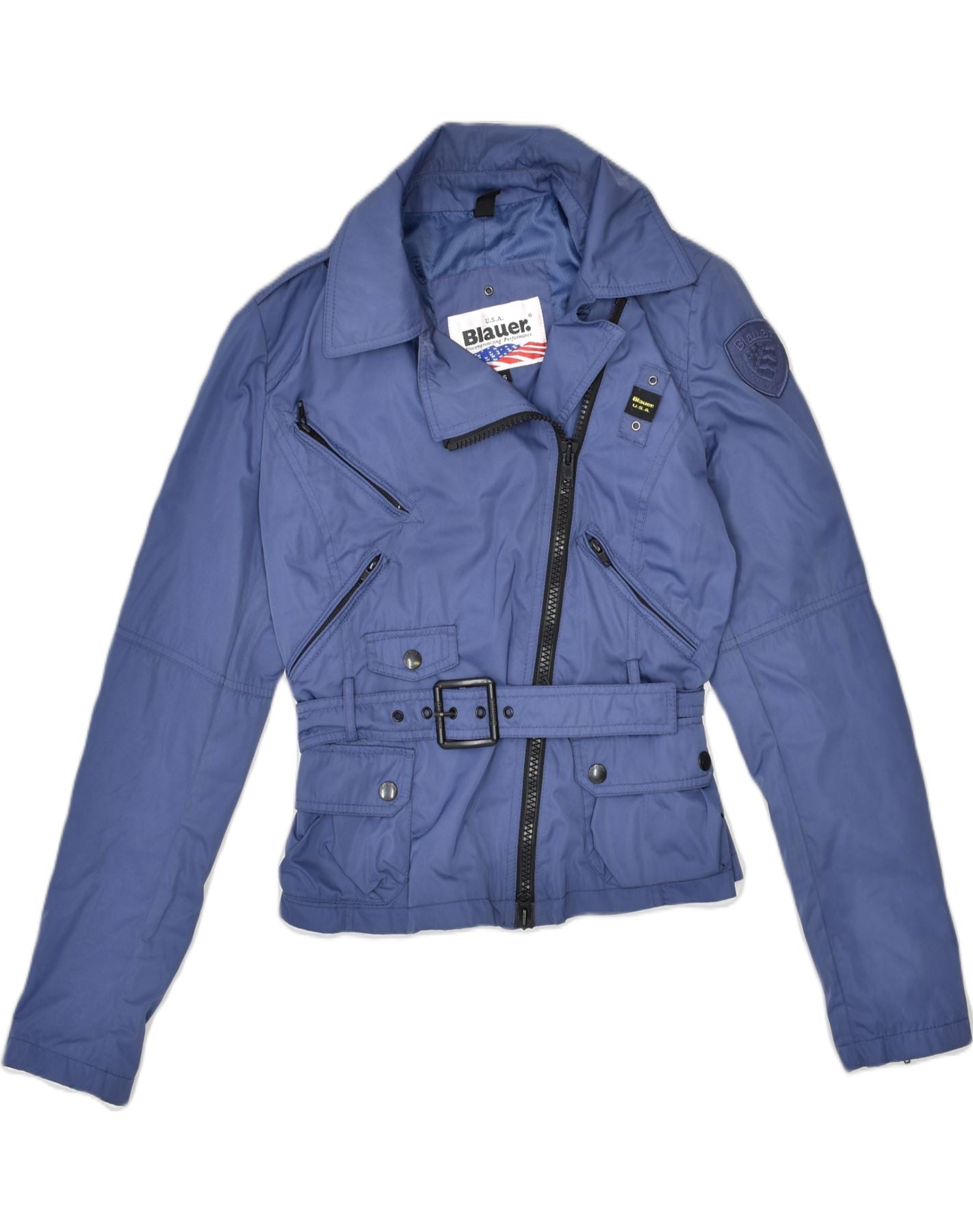 Image of BLAUER Womens Biker Jacket UK 10 Small Blue Polyester