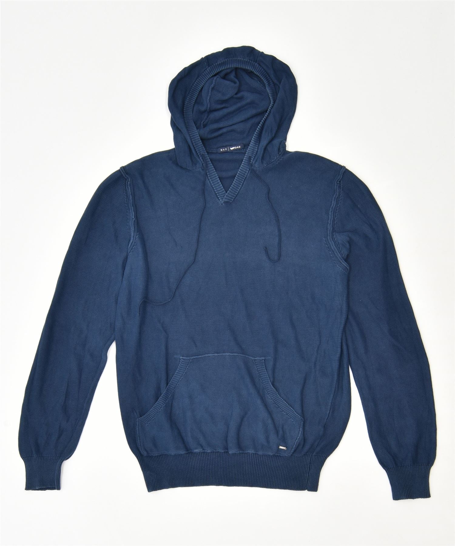 image of GAS Mens Hooded V-Neck Jumper Sweater Small Blue Cotton