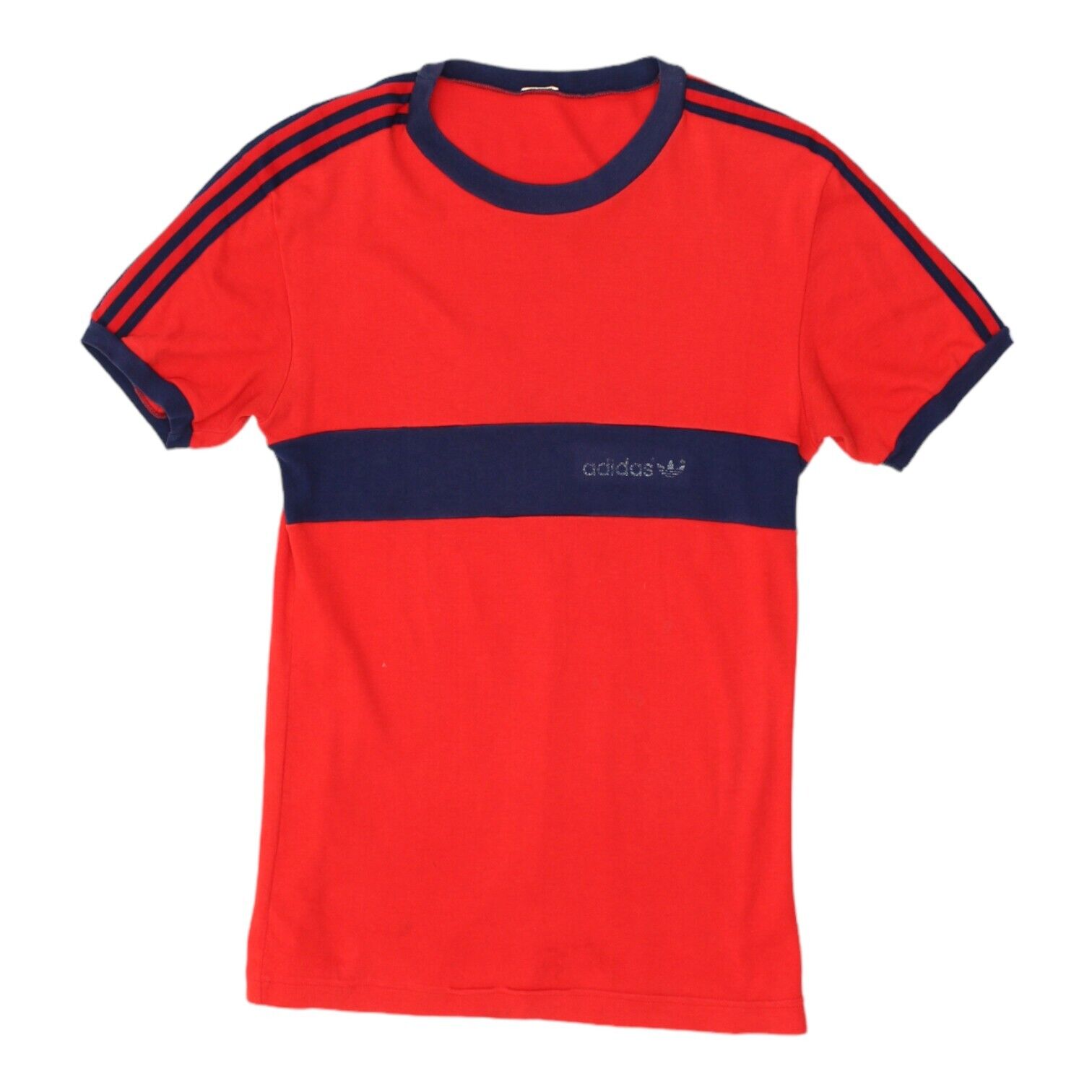 image of Adidas Originals Mens Red Navy Tshirt | Vintage 80s Casual Sportswear VTG